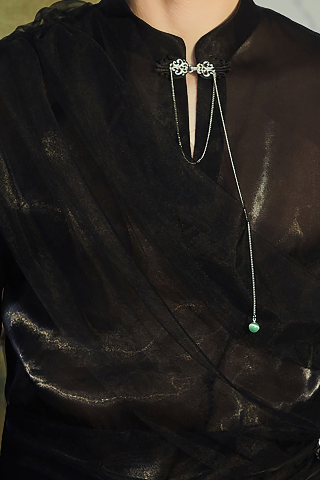 JIECHI Draped Sheer Brooch Organza Shirt, premium urban and streetwear designers apparel on PROJECTISR.com, JIECHI