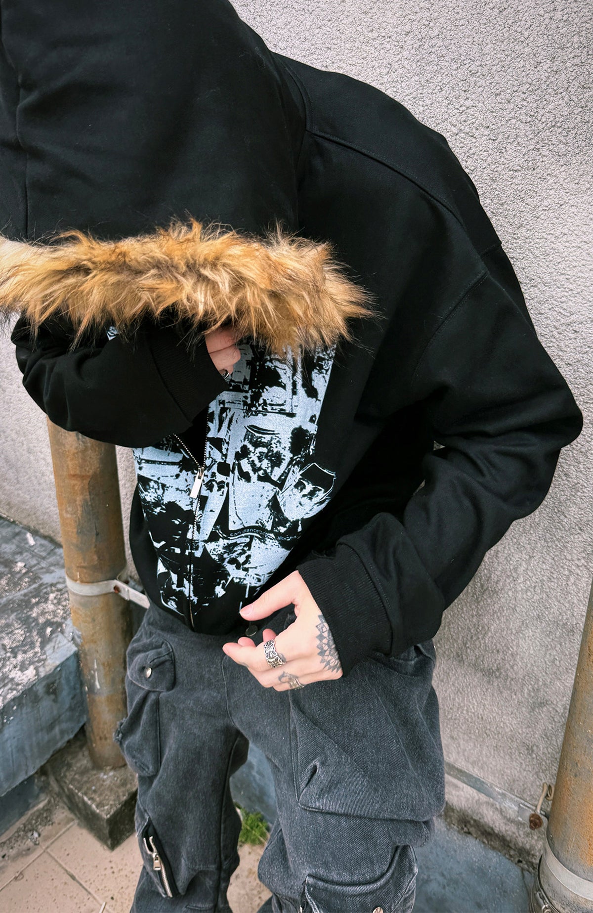 PAIKI Retro Band Graphic Faux Fur Collar Zip-Up Hoodie