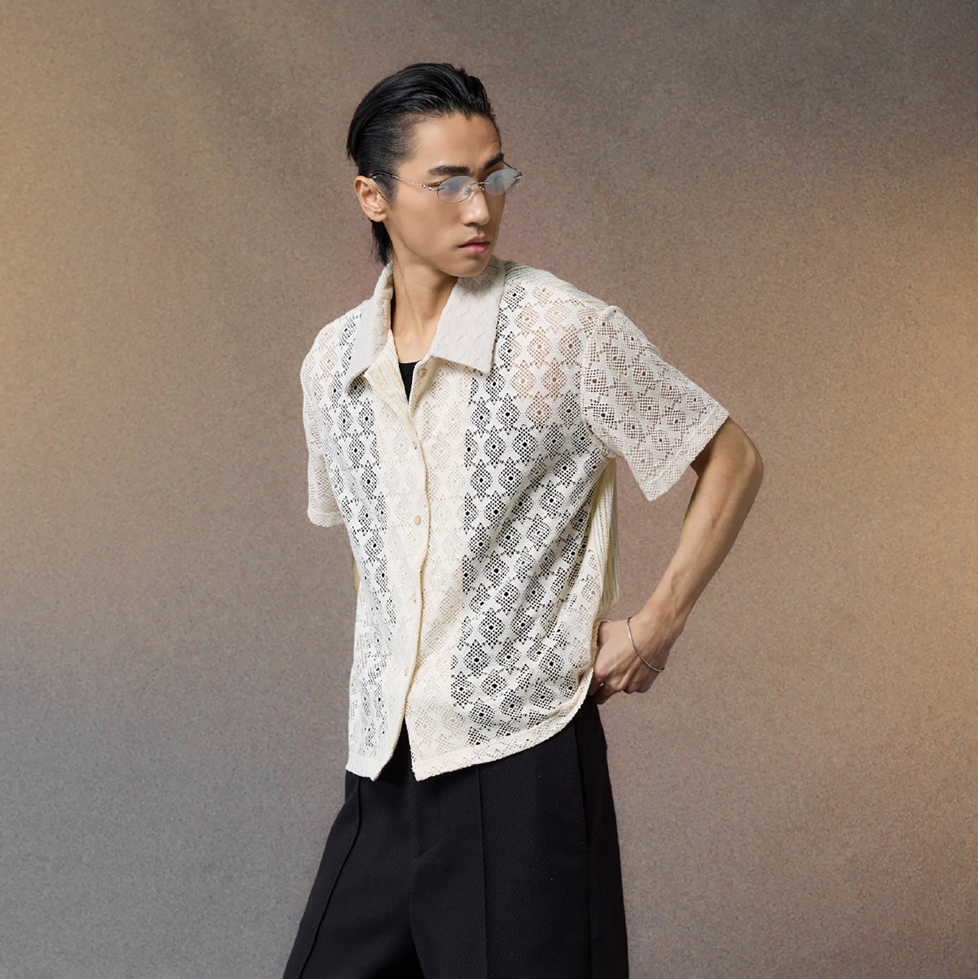 ALVNG AR ANTS Open-Knit Diamond Panel Short-Sleeve Shirt, premium urban and streetwear designers apparel on PROJECTISR.com, ALVNG AR ANTS