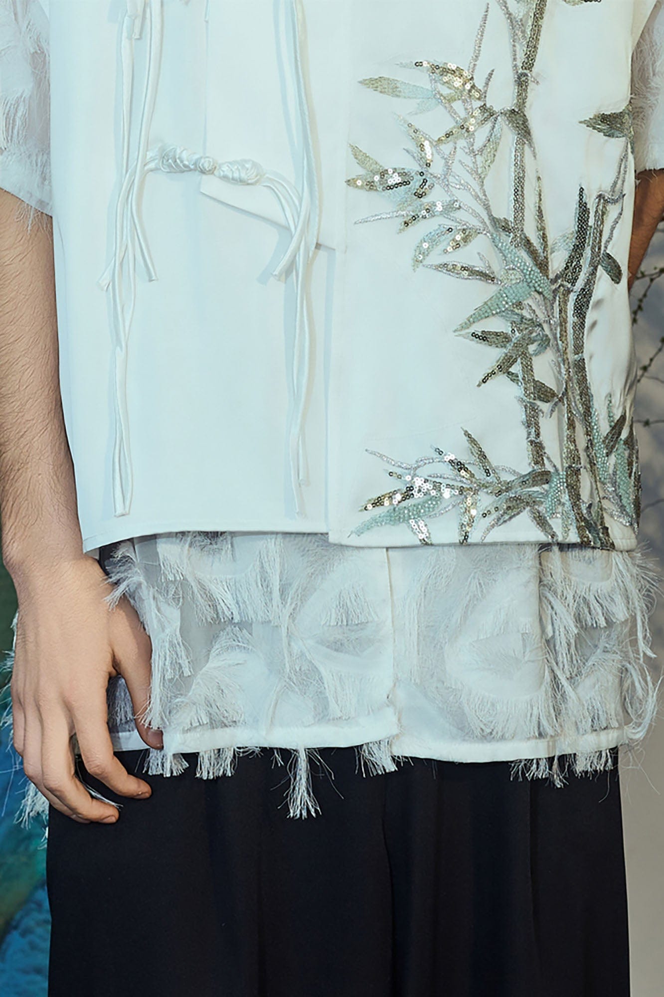 JIECHI Embroidered Bamboo Layered Mandarin Collar Half Shirt, premium urban and streetwear designers apparel on PROJECTISR.com, JIECHI