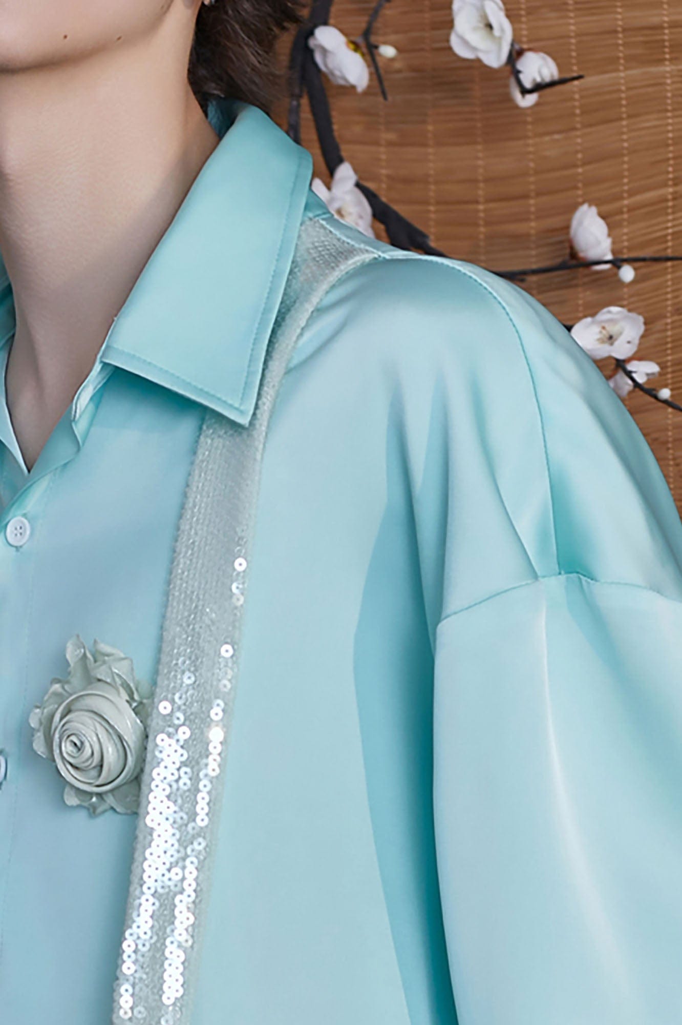JIECHI Bloom Sequin-Draped Satin Shirt Aqua, premium urban and streetwear designers apparel on PROJECTISR.com, JIECHI