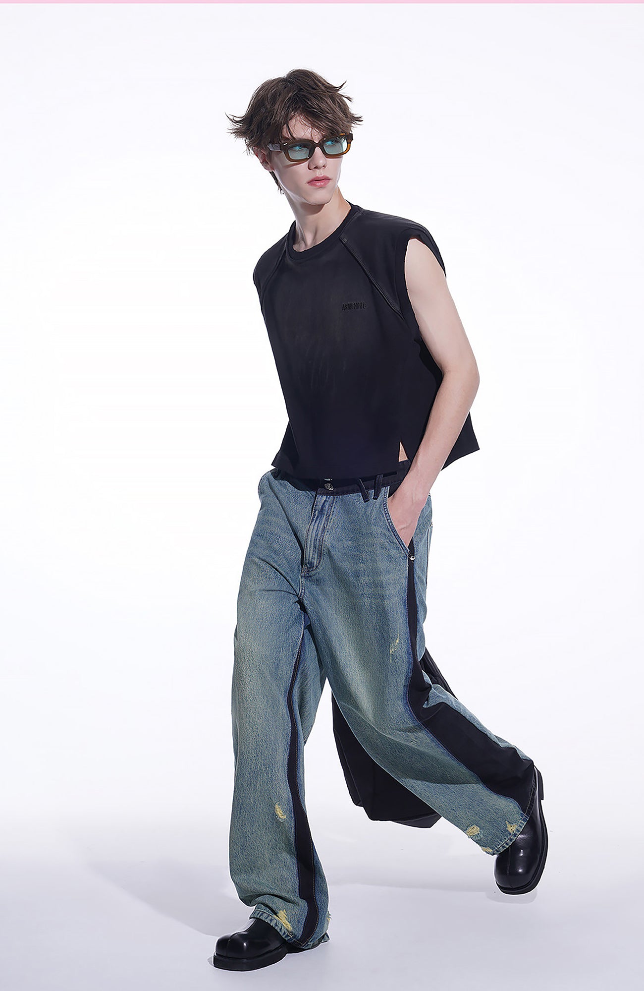 TIWILLTANG Distressed Contrast Paneled Wide-Leg Jeans, premium urban and streetwear designers apparel on PROJECTISR.com, TIWILLTANG