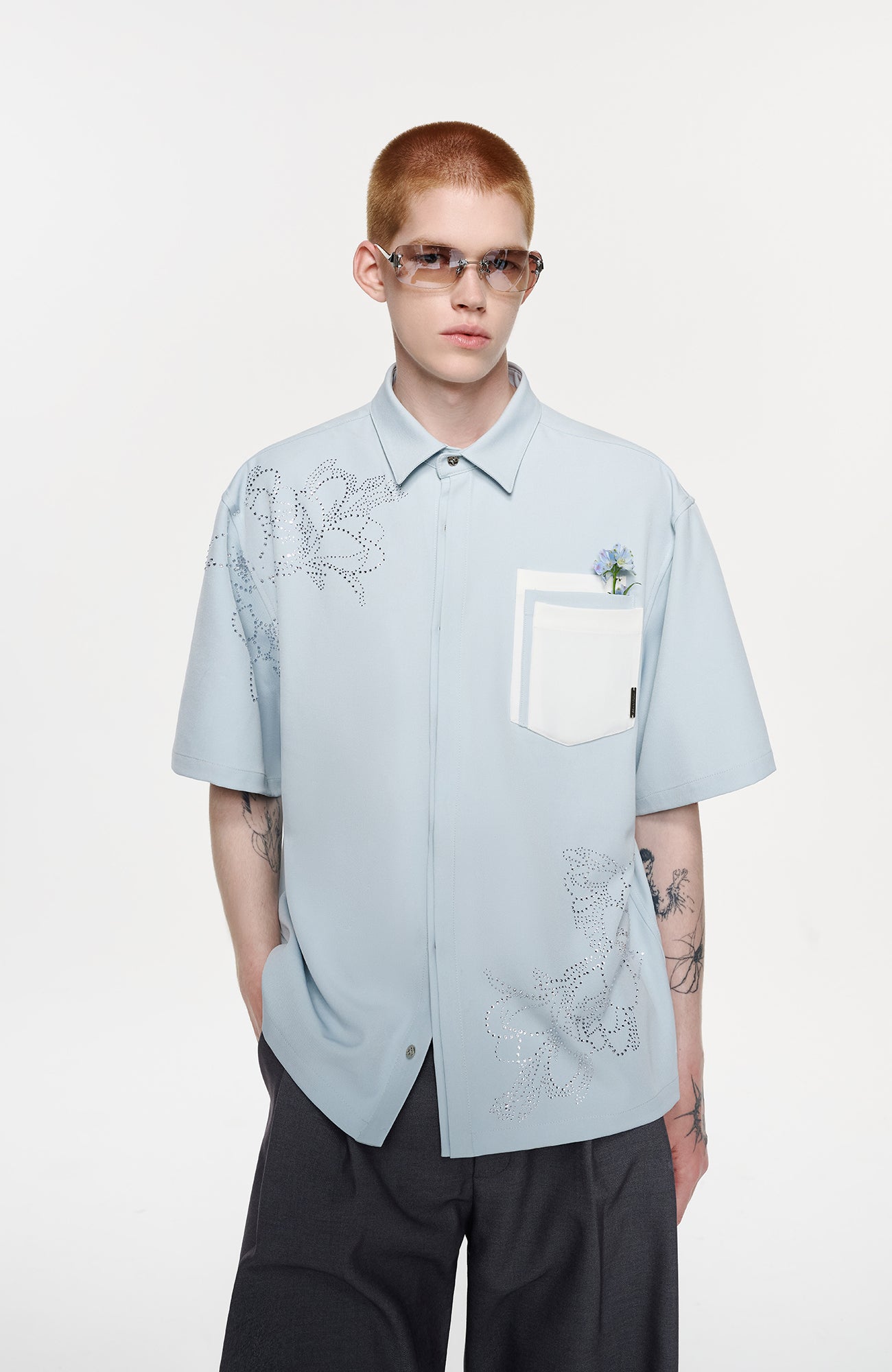 TIWILLTANG Floral Diamond Layered Pocket Half Shirt