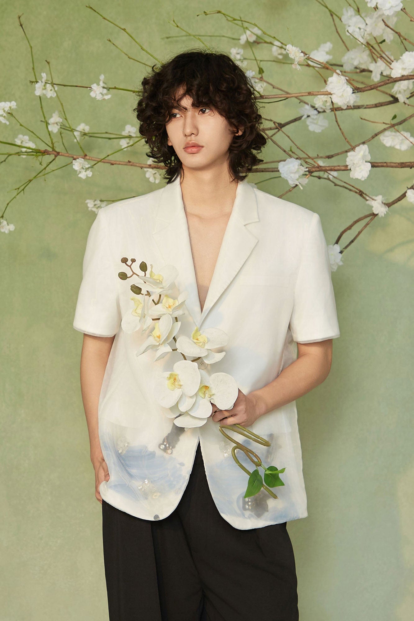 JIECHI Water-Ink Koi Embroidered Sheer Overlay Half Blazer, premium urban and streetwear designers apparel on PROJECTISR.com, JIECHI