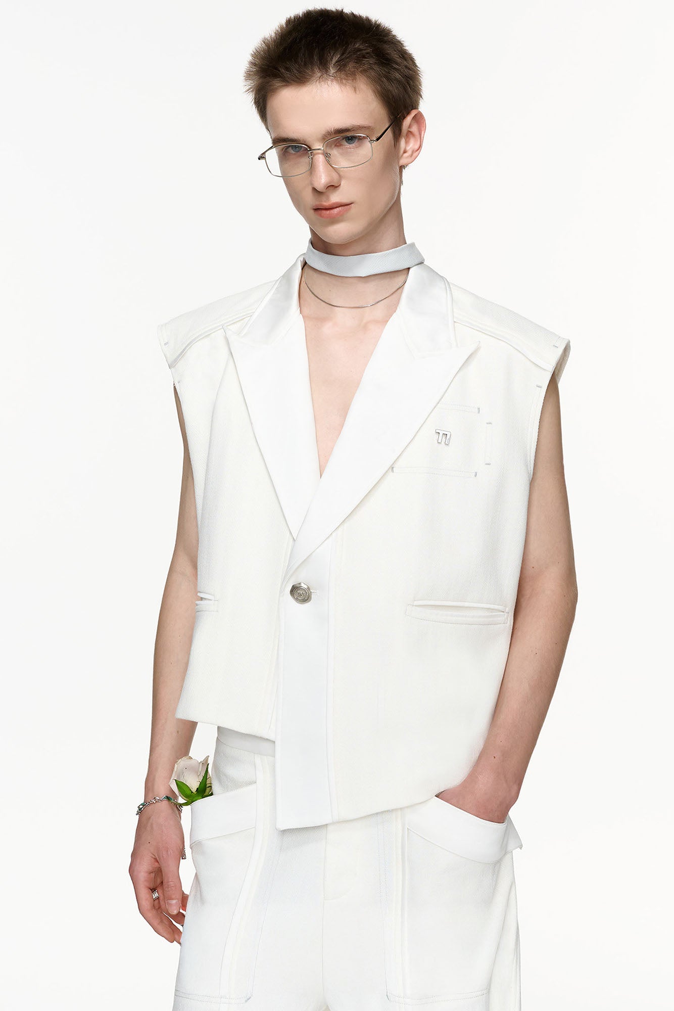 TIWILLTANG Asymmetrical Lapel Vest White, premium urban and streetwear designers apparel on PROJECTISR.com, TIWILLTANG