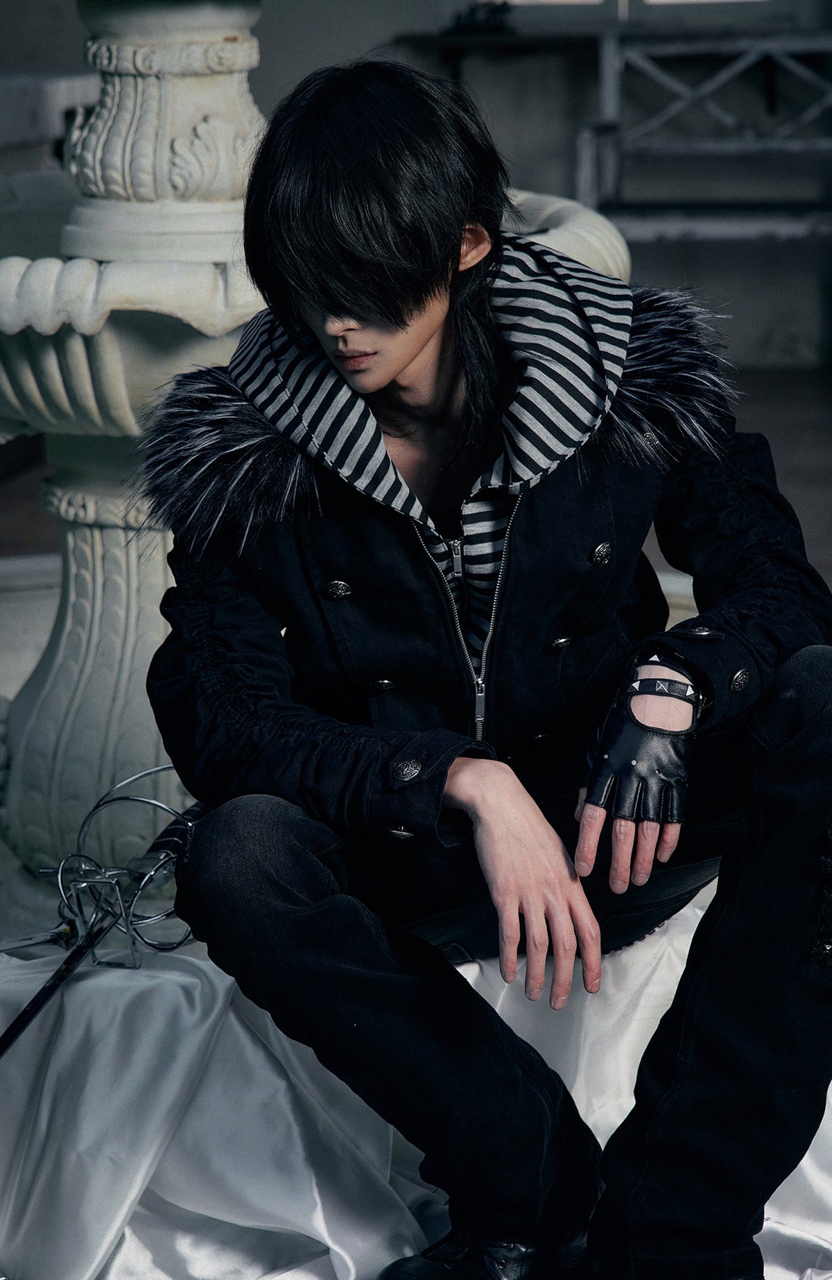 PAIKI Detachable Fur-Collar Canvas Double-Breasted Jacket