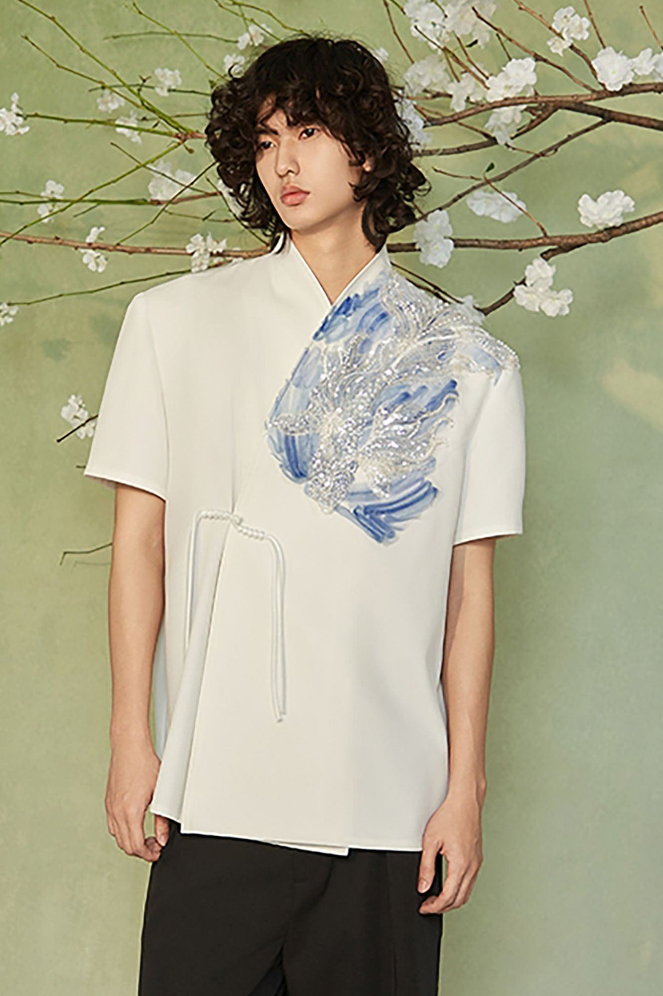 JIECHI Seascape Koi Embroidered Asymmetrical Half Shirt, premium urban and streetwear designers apparel on PROJECTISR.com, JIECHI