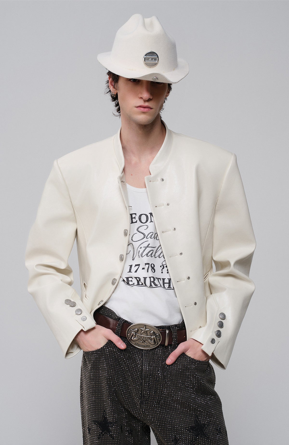 FACEONLAB Faux Leather Stand-Collar Biker Jacket