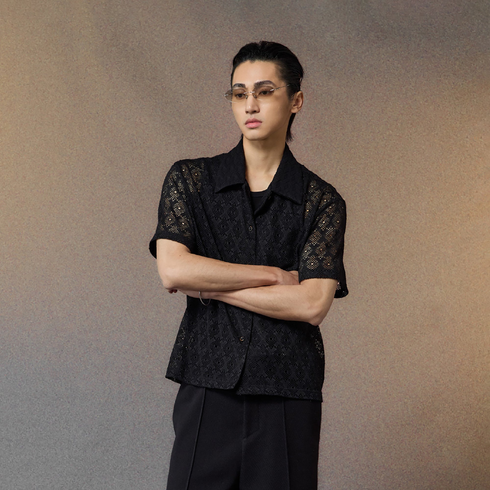 ALVNG AR ANTS Open-Knit Diamond Panel Short-Sleeve Shirt, premium urban and streetwear designers apparel on PROJECTISR.com, ALVNG AR ANTS