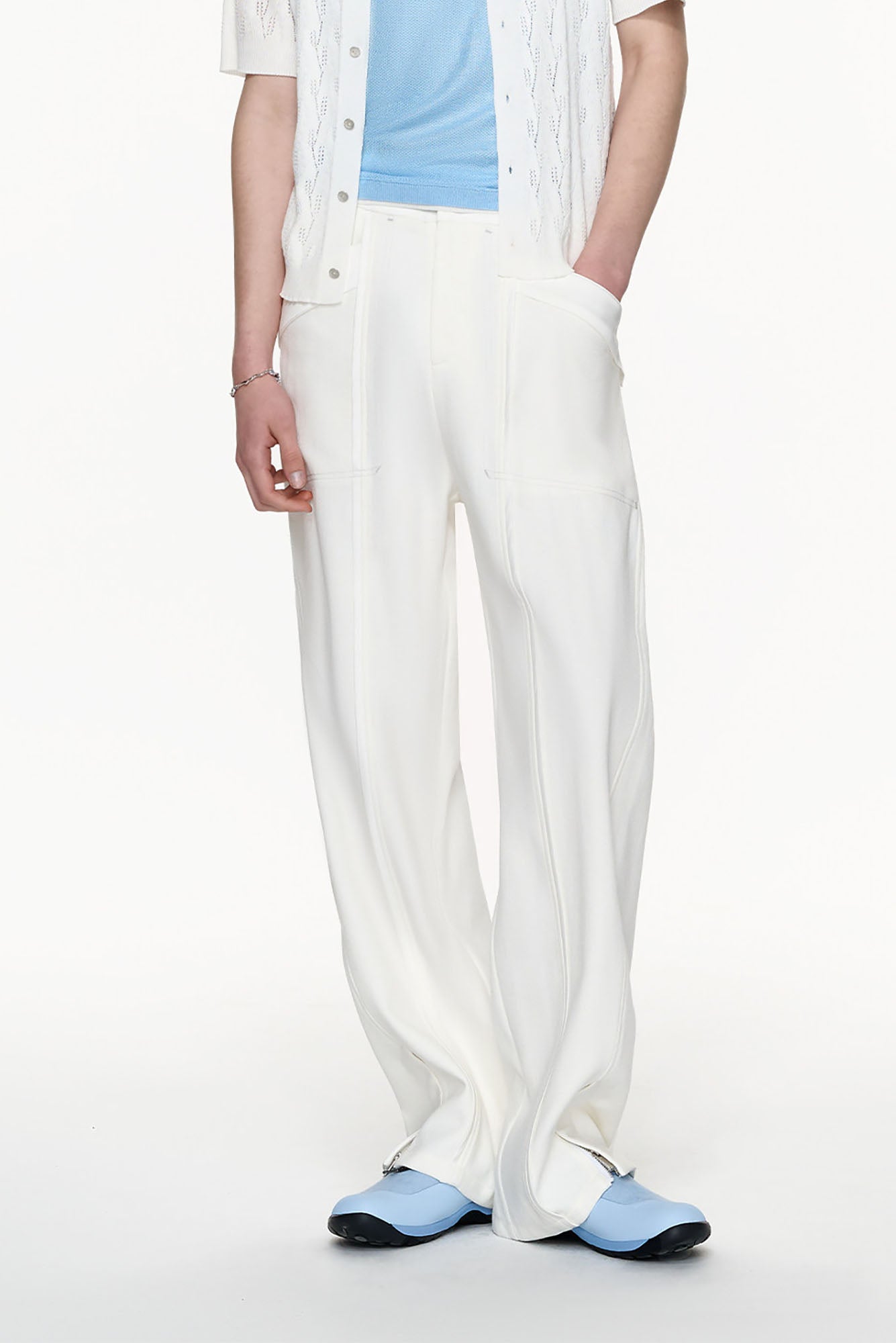 TIWILLTANG Paneled Zipper-Hem Wide-Leg Pants White