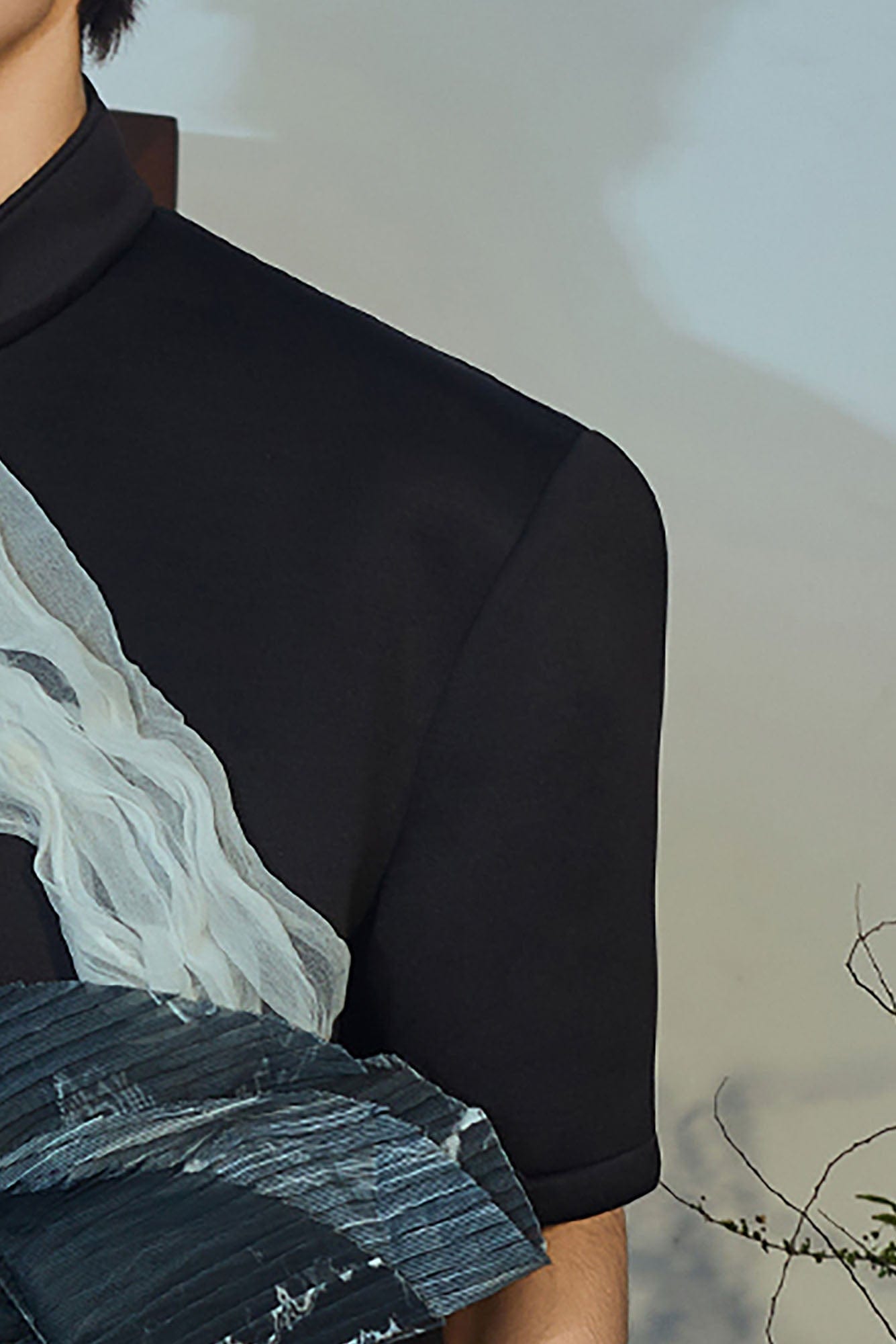 JIECHI Crinkled Tulle Layered Mandarin Collar Half Shirt, premium urban and streetwear designers apparel on PROJECTISR.com, JIECHI