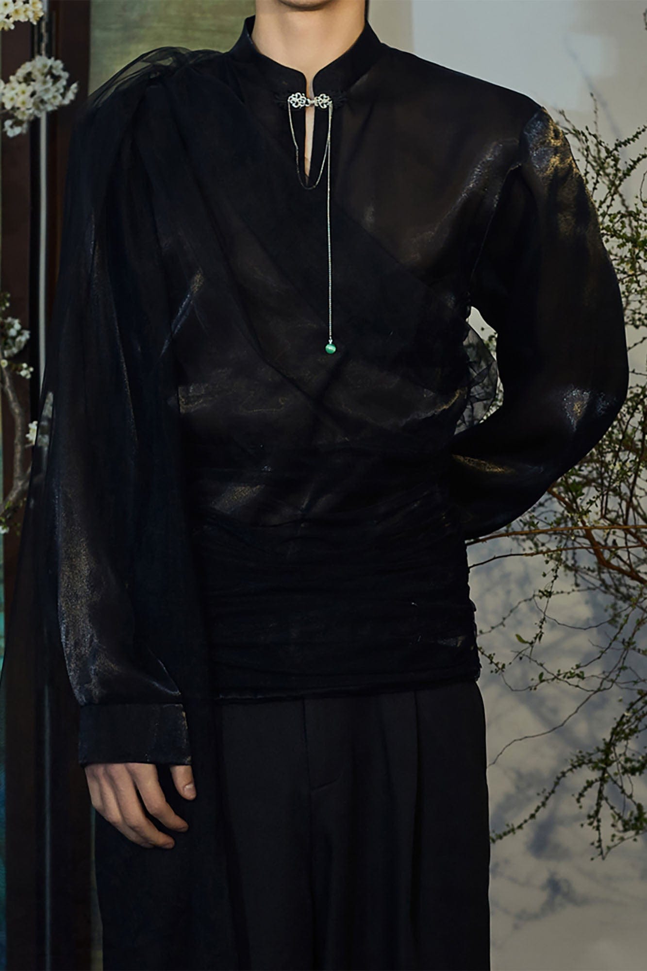 JIECHI Draped Sheer Brooch Organza Shirt, premium urban and streetwear designers apparel on PROJECTISR.com, JIECHI