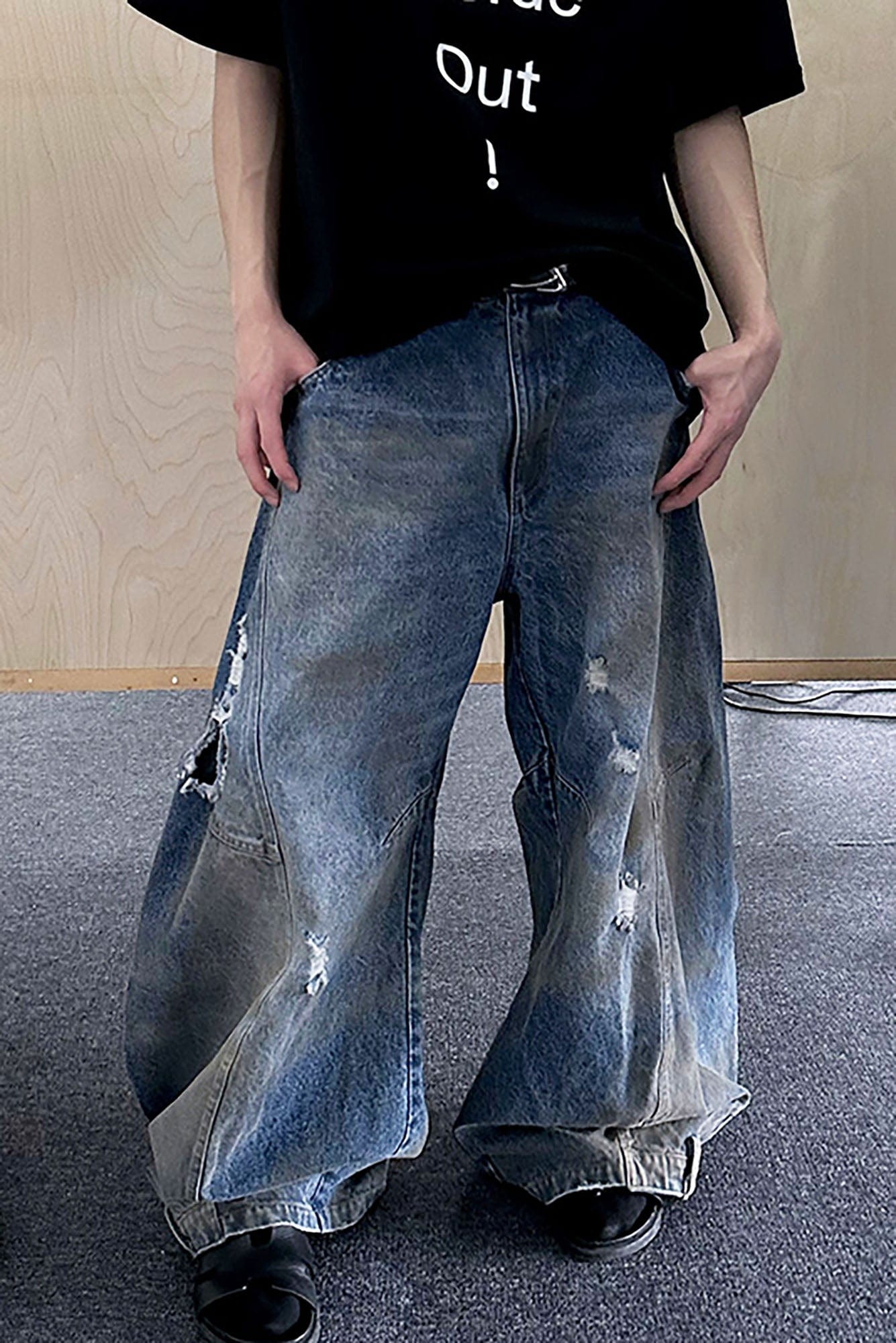 TRIANGLE PROJECT Distressed Dirty-Washed Oversized Jeans, premium urban and streetwear designers apparel on PROJECTISR.com, TRIANGLE PROJECT