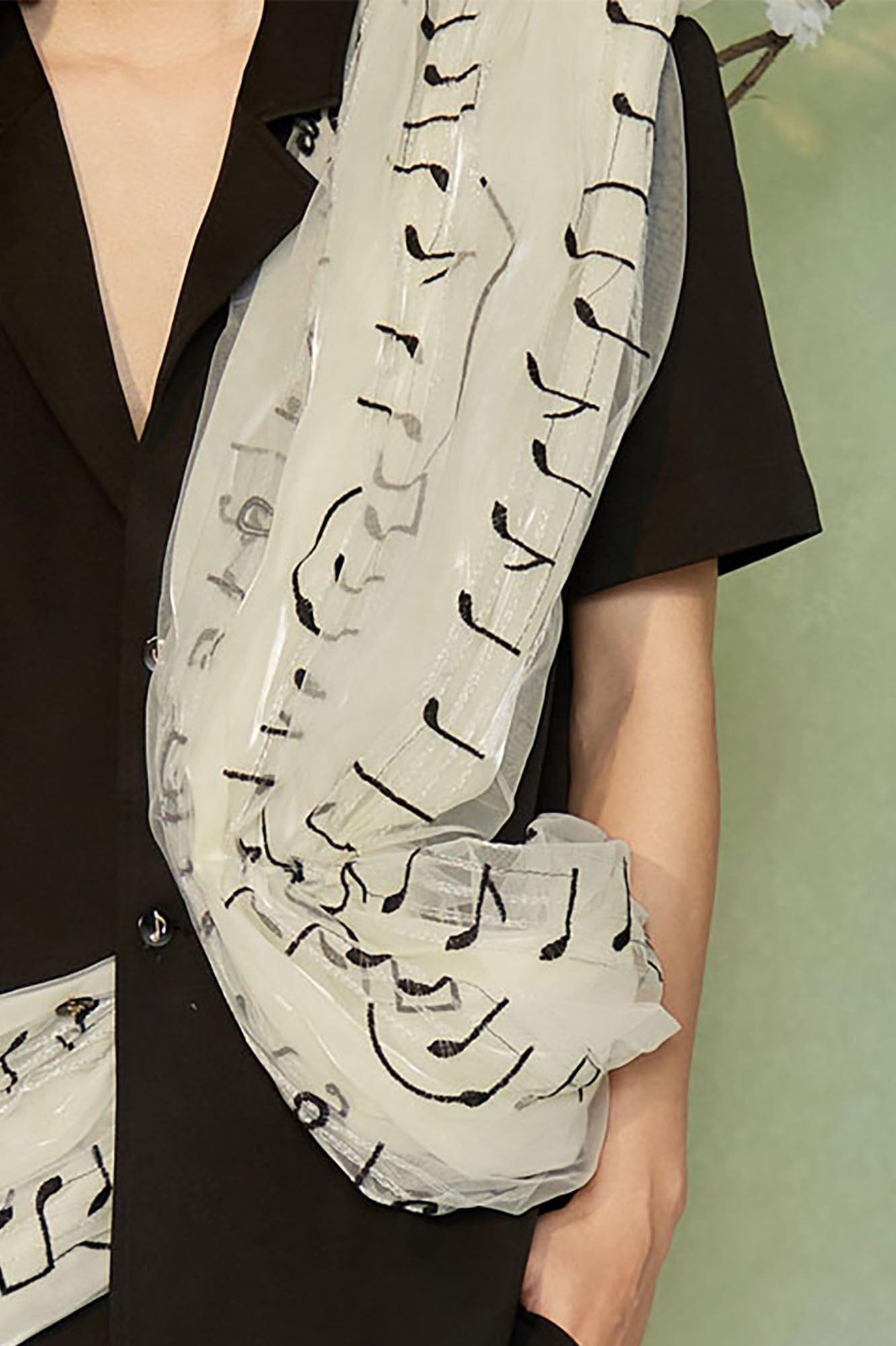 JIECHI Musical Score Layered Tulle Drape Half Shirt, premium urban and streetwear designers apparel on PROJECTISR.com, JIECHI
