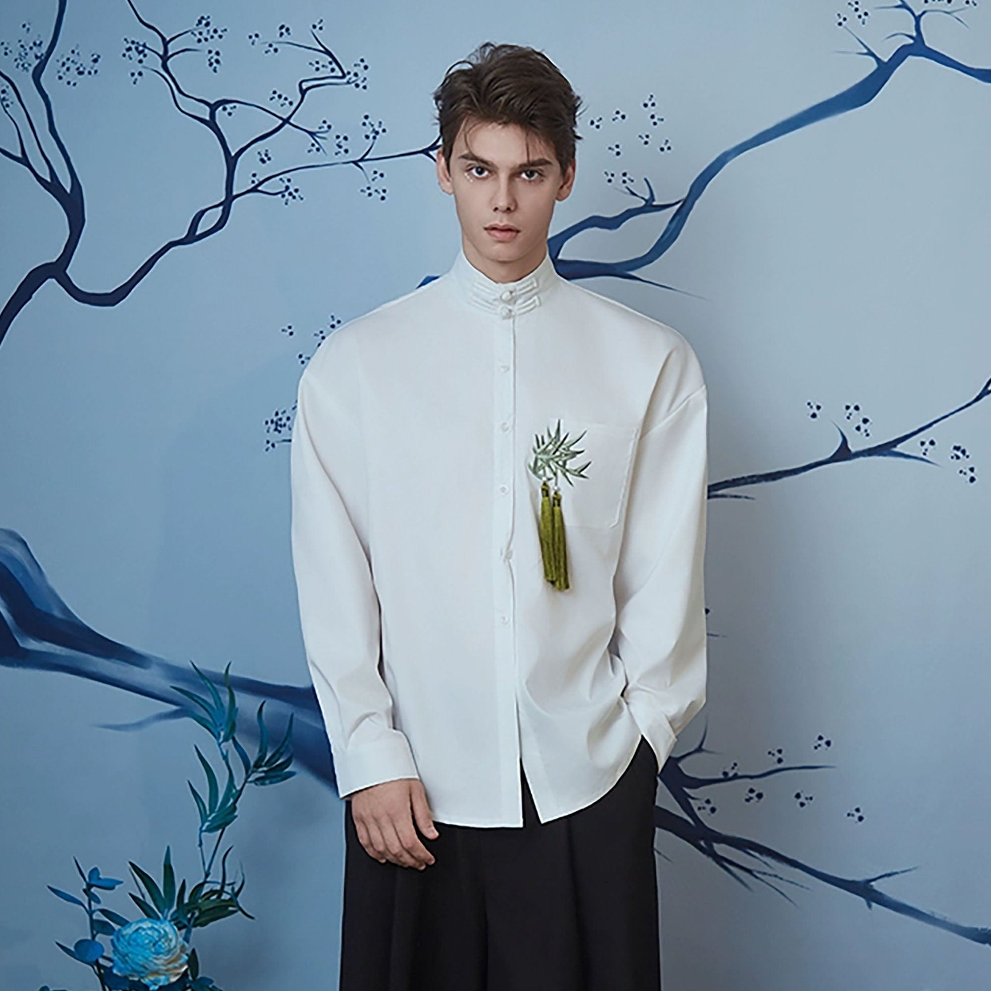 JIECHI Bamboo Tassel Embroidered Mandarin Shirt, premium urban and streetwear designers apparel on PROJECTISR.com, JIECHI