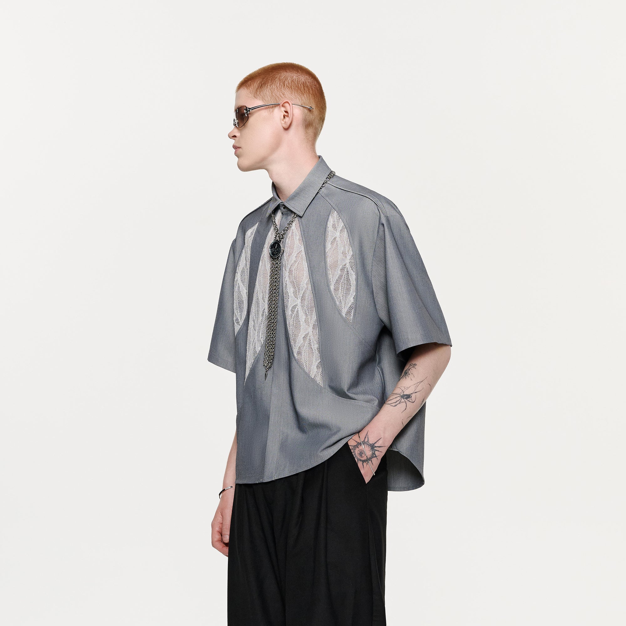 TIWILLTANG Leaf Lace Paneled Half Shirt
