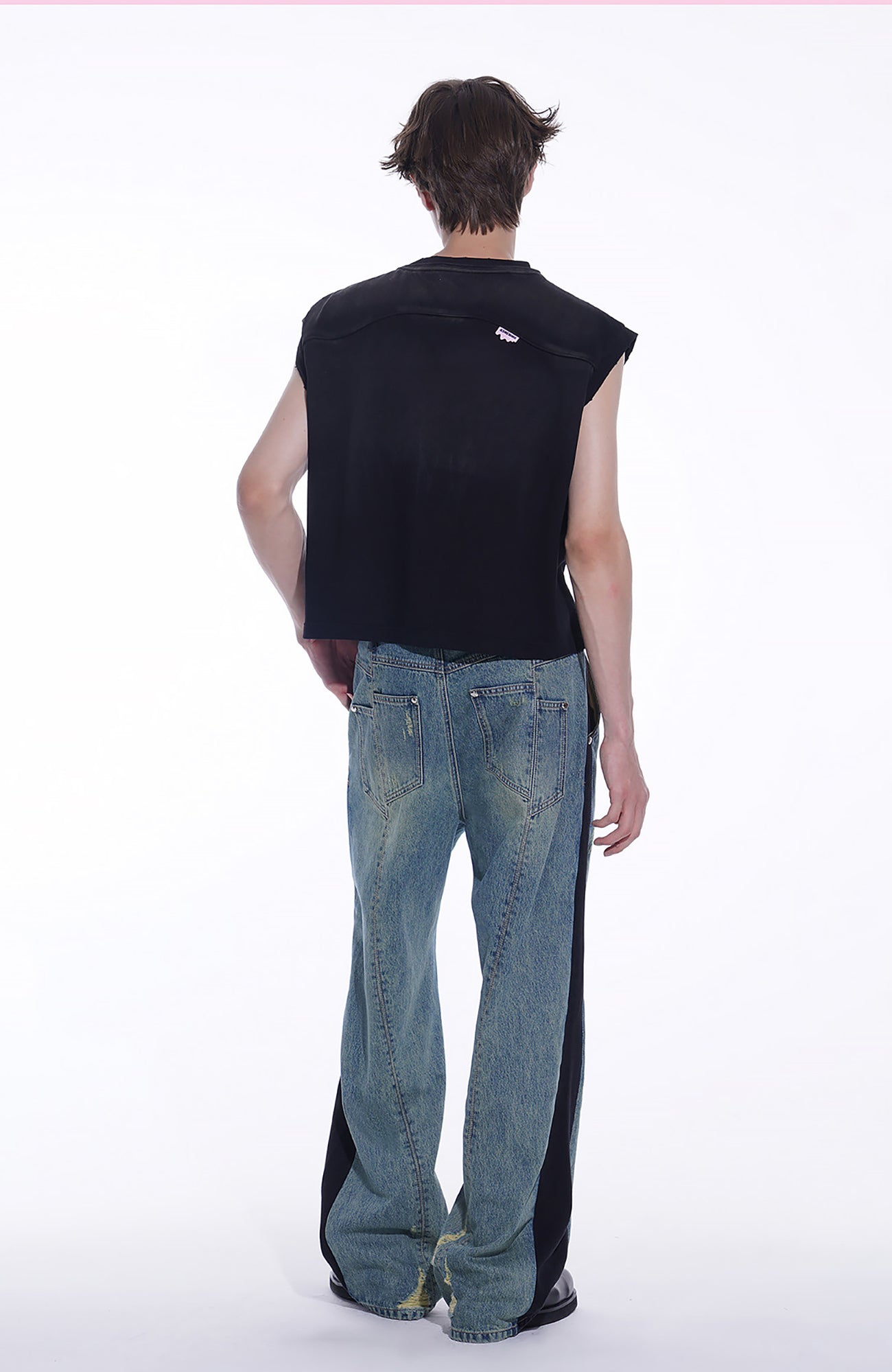 TIWILLTANG Distressed Contrast Paneled Wide-Leg Jeans, premium urban and streetwear designers apparel on PROJECTISR.com, TIWILLTANG