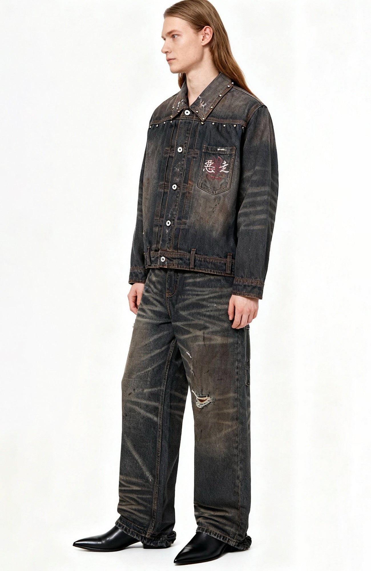 REGEN ZONE Distressed Whisker Baggy Wide-Leg Jeans