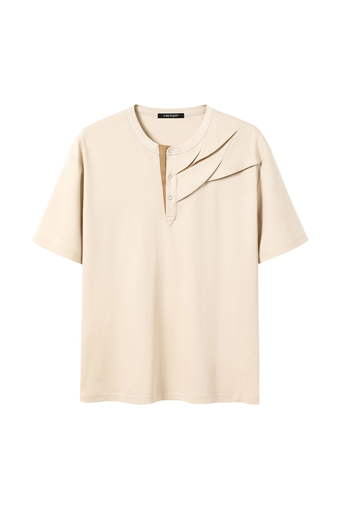 ALVNG AR ANTS Slash Pleated Shoulder Spliced Henley T-Shirt, premium urban and streetwear designers apparel on PROJECTISR.com, ALVNG AR ANTS