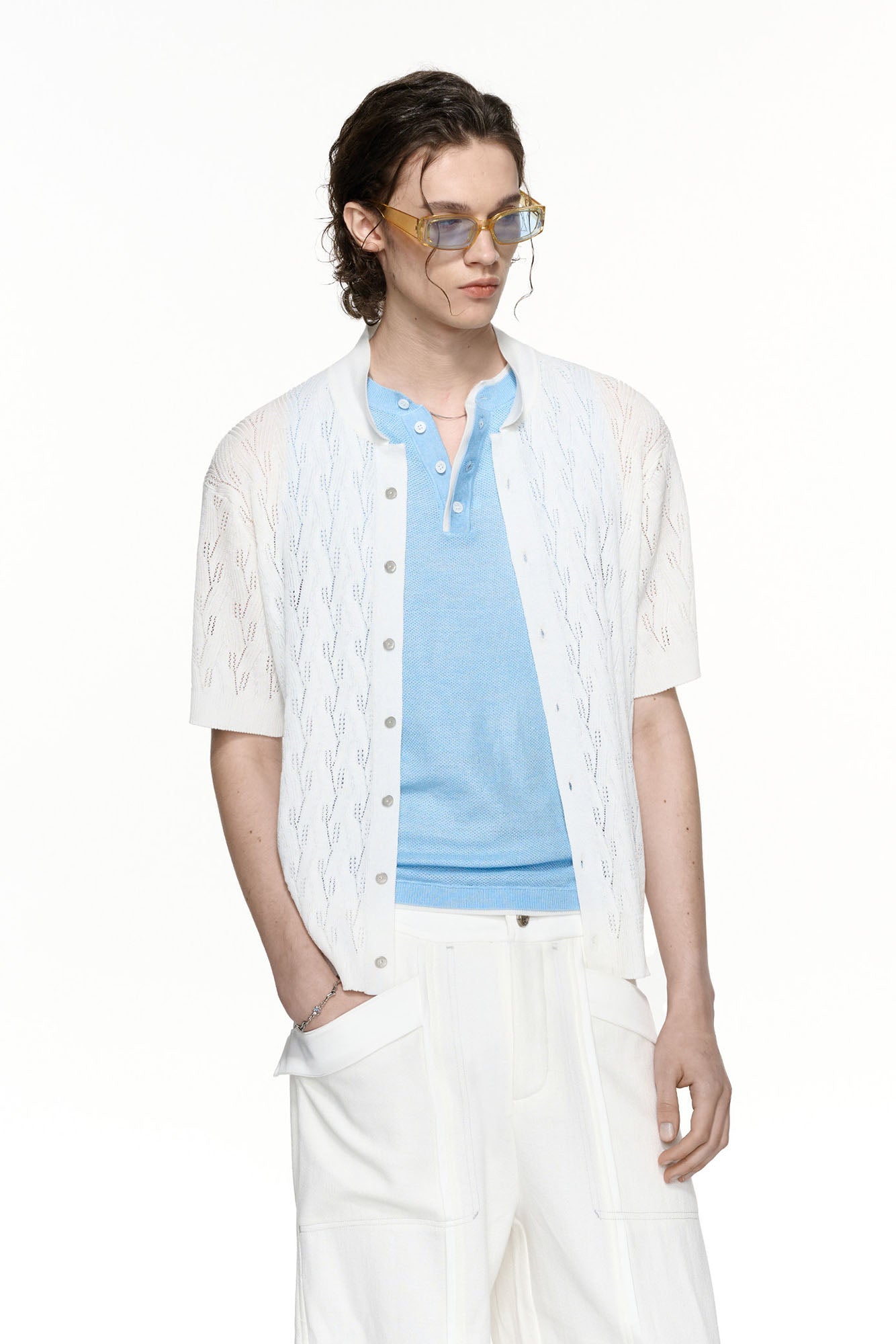 TIWILLTANG Pointelle Knit Polo Half Shirt