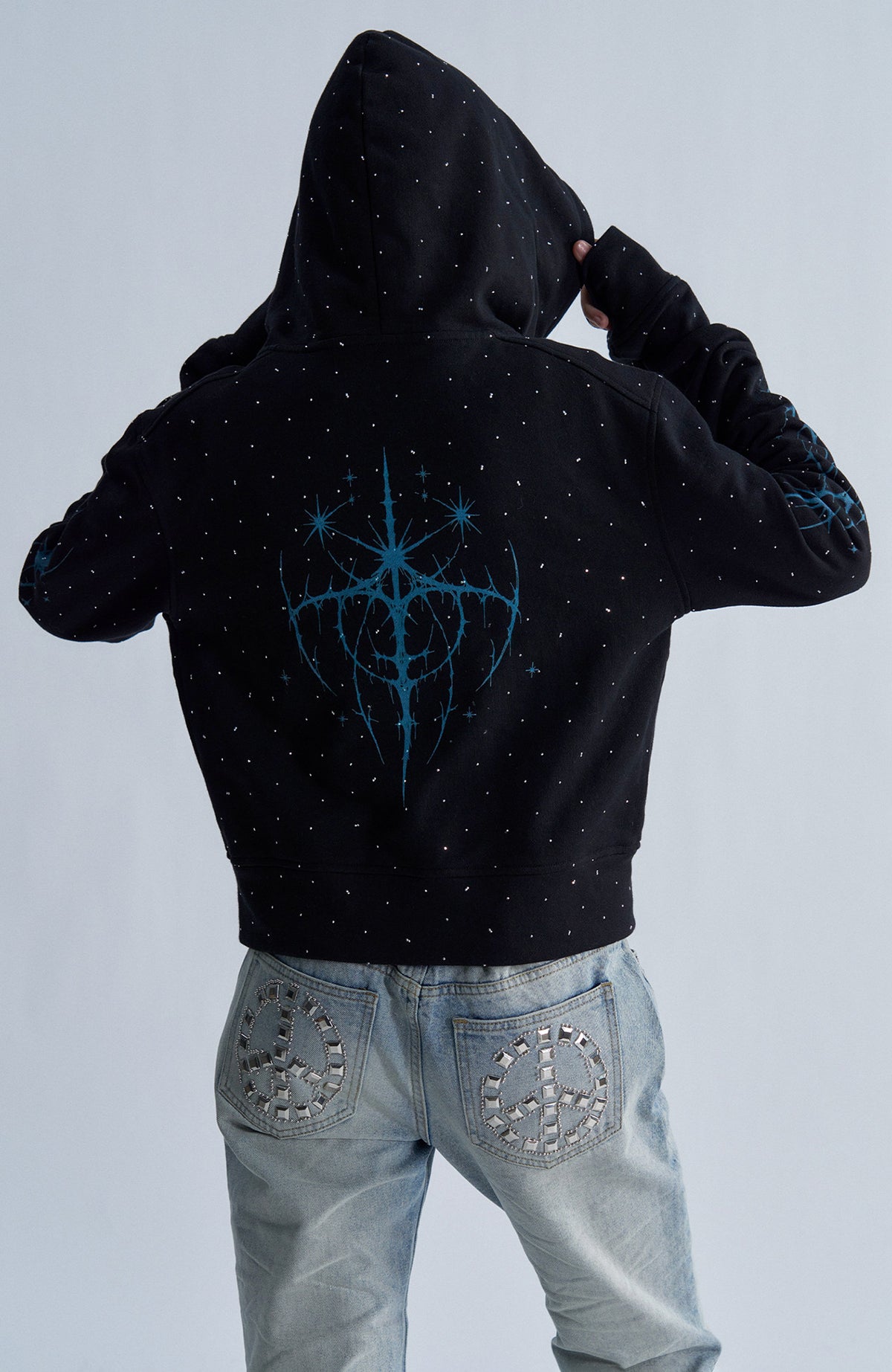PAIKI Studded Rhinestone Zip-Up Hoodie