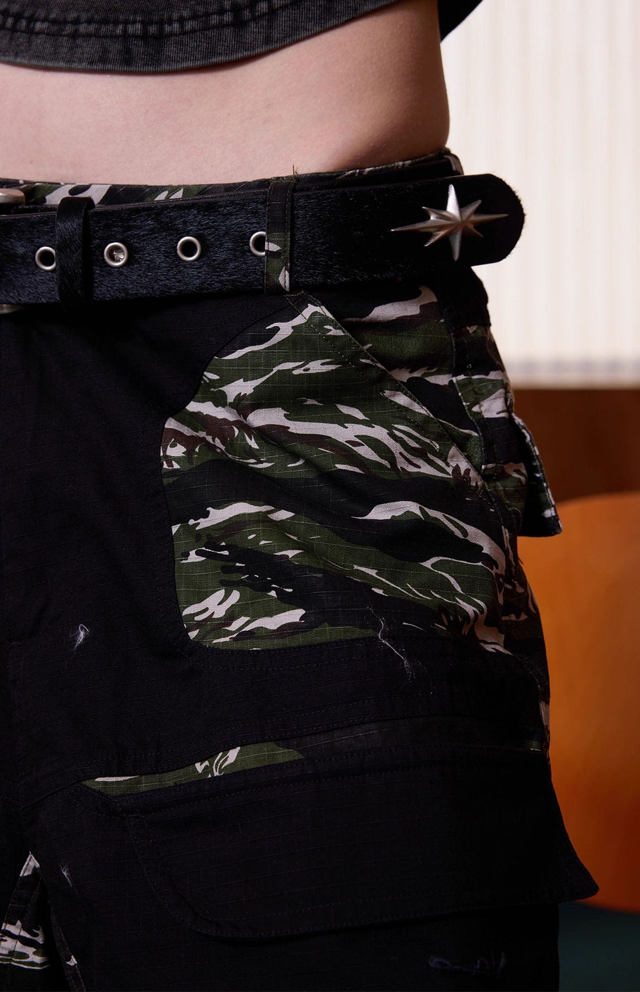 ERROR CODE ROBOT Washed Paneled Frayed-Hem Camo Cargo Shorts, premium urban and streetwear designers apparel on PROJECTISR.com, ERROR CODE ROBOT