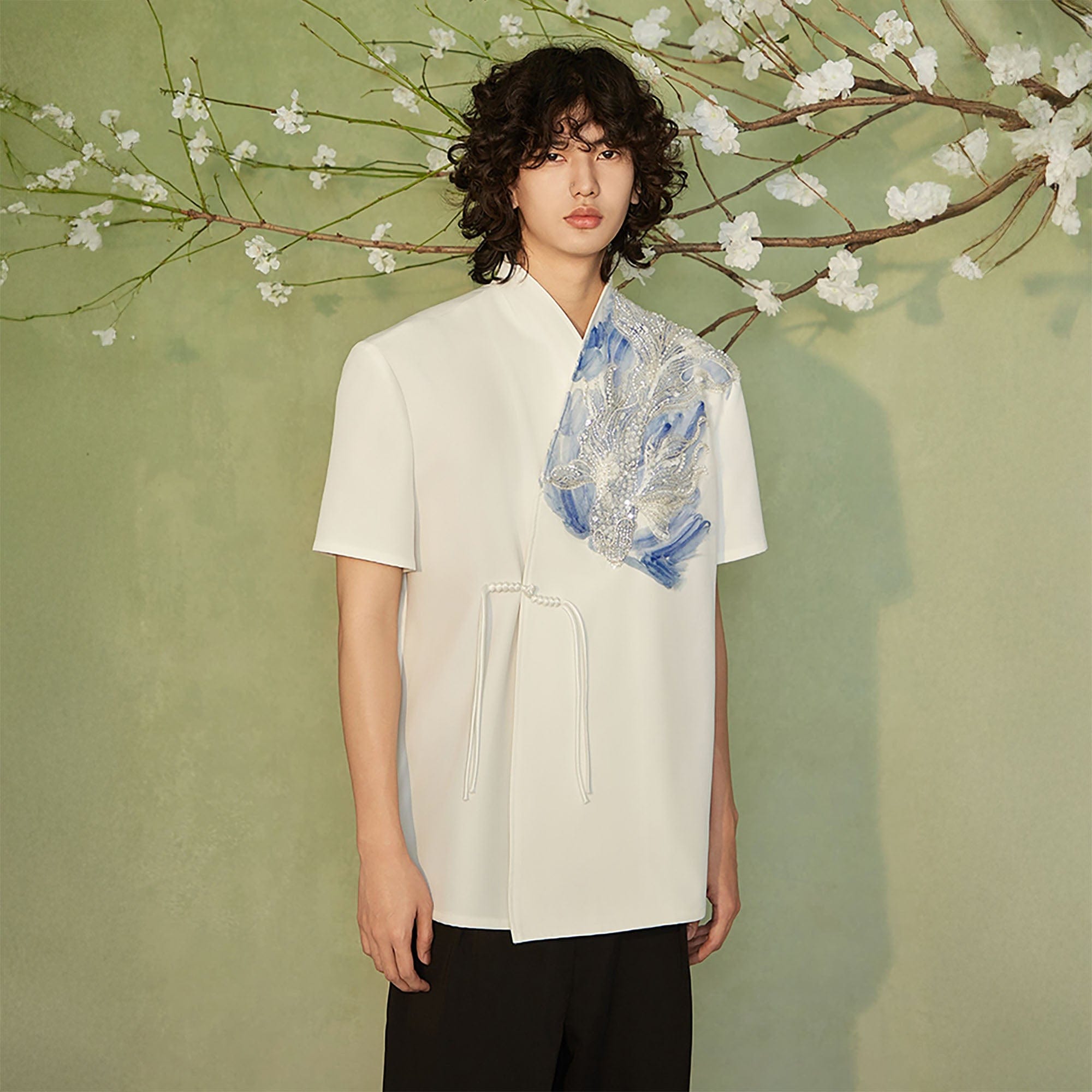 JIECHI Seascape Koi Embroidered Asymmetrical Half Shirt, premium urban and streetwear designers apparel on PROJECTISR.com, JIECHI