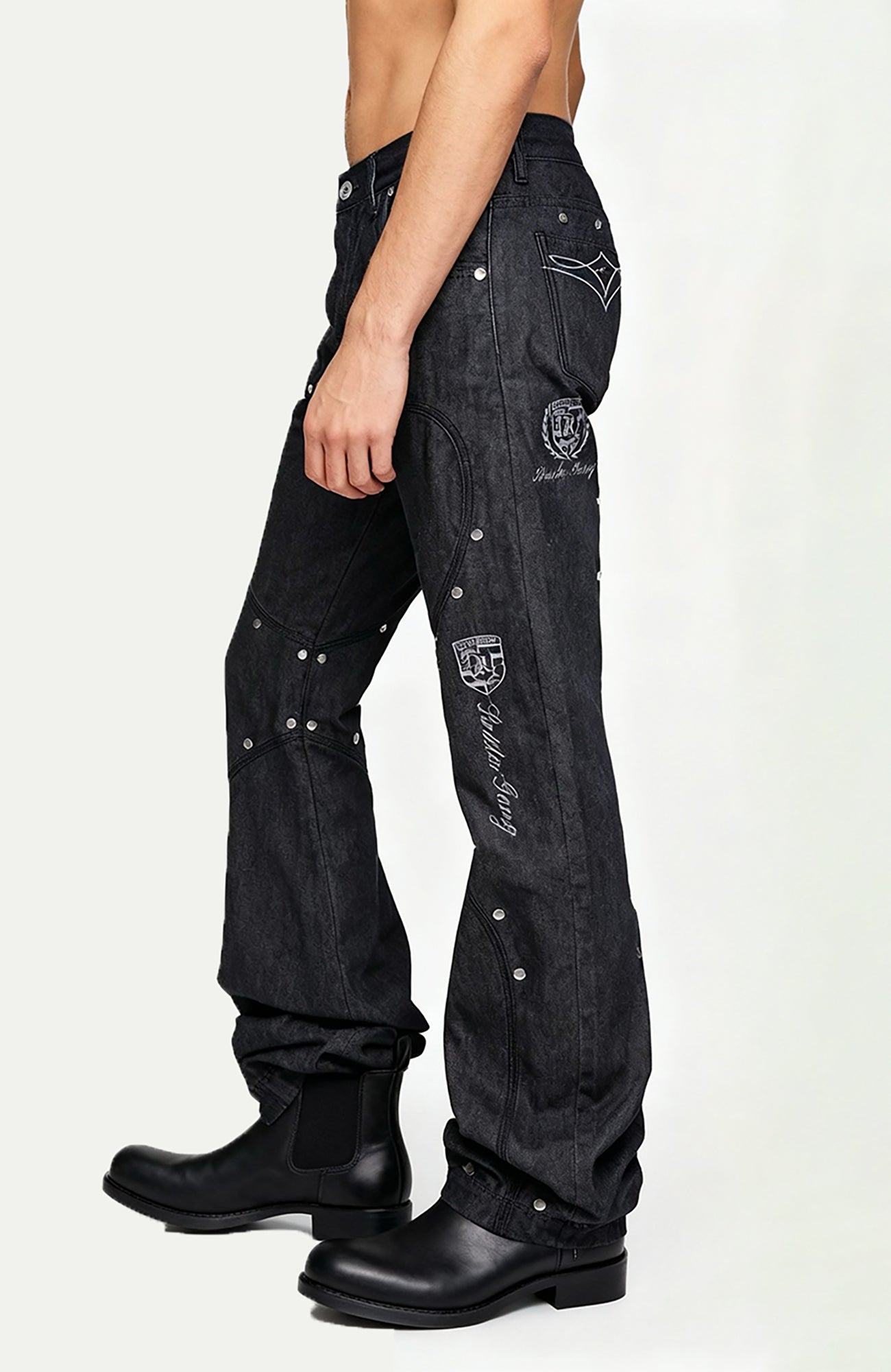 REGEN ZONE Racing Embroidered Studded Deconstructed Curved Jeans