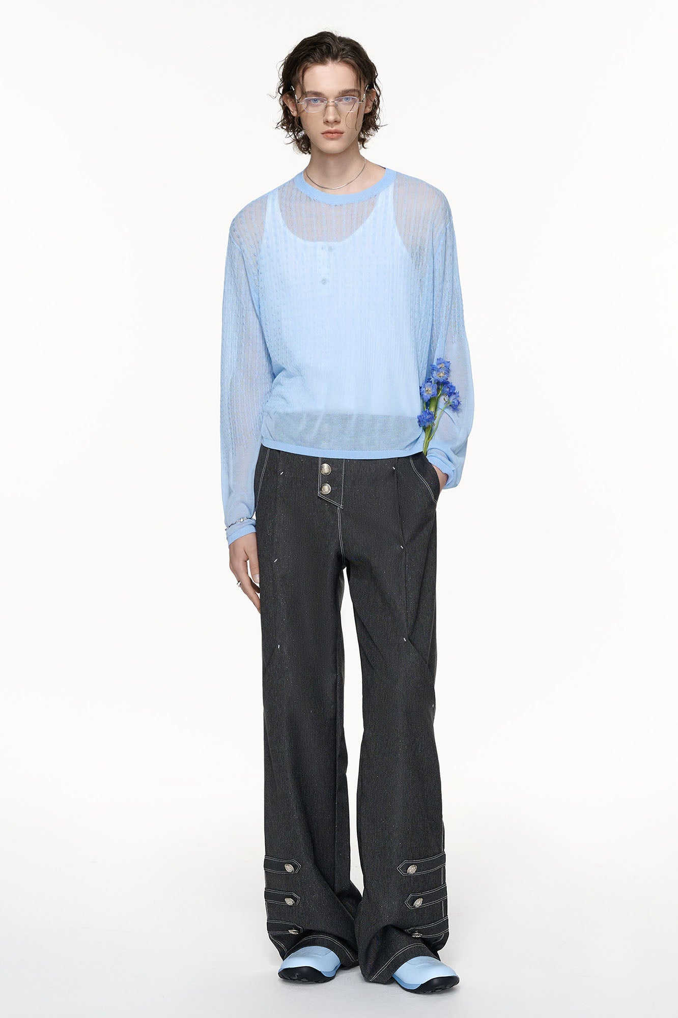 TIWILLTANG Asymmetrical Placket Stitched Wide-Leg Jeans, premium urban and streetwear designers apparel on PROJECTISR.com, TIWILLTANG