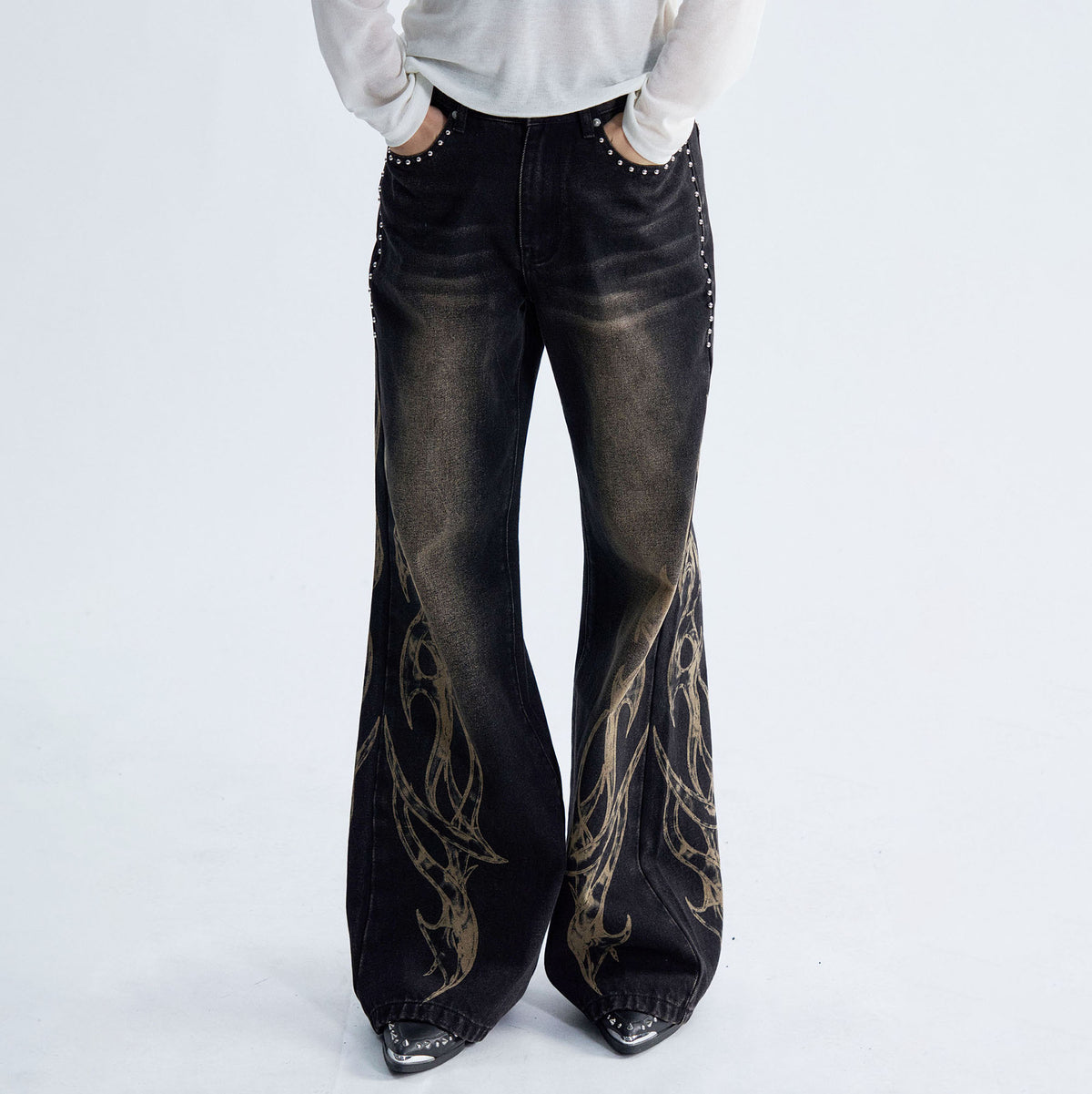 PAIKI Flame Totem Rivet Washed Straight-Leg Jeans