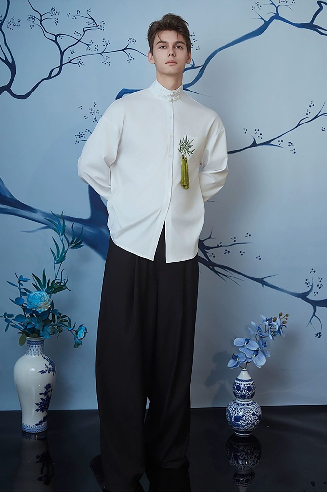 JIECHI Bamboo Tassel Embroidered Mandarin Shirt, premium urban and streetwear designers apparel on PROJECTISR.com, JIECHI