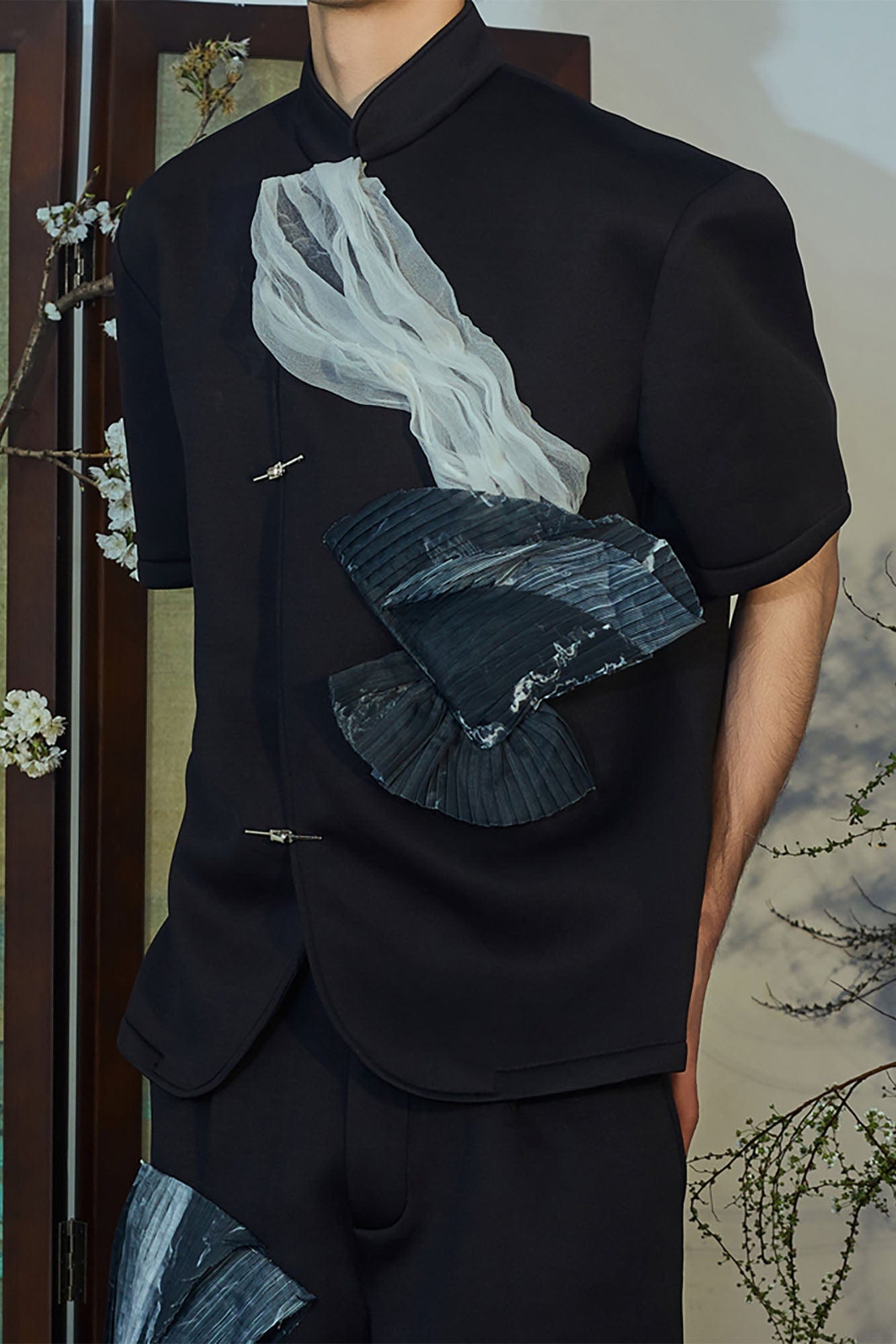 JIECHI Crinkled Tulle Layered Mandarin Collar Half Shirt, premium urban and streetwear designers apparel on PROJECTISR.com, JIECHI