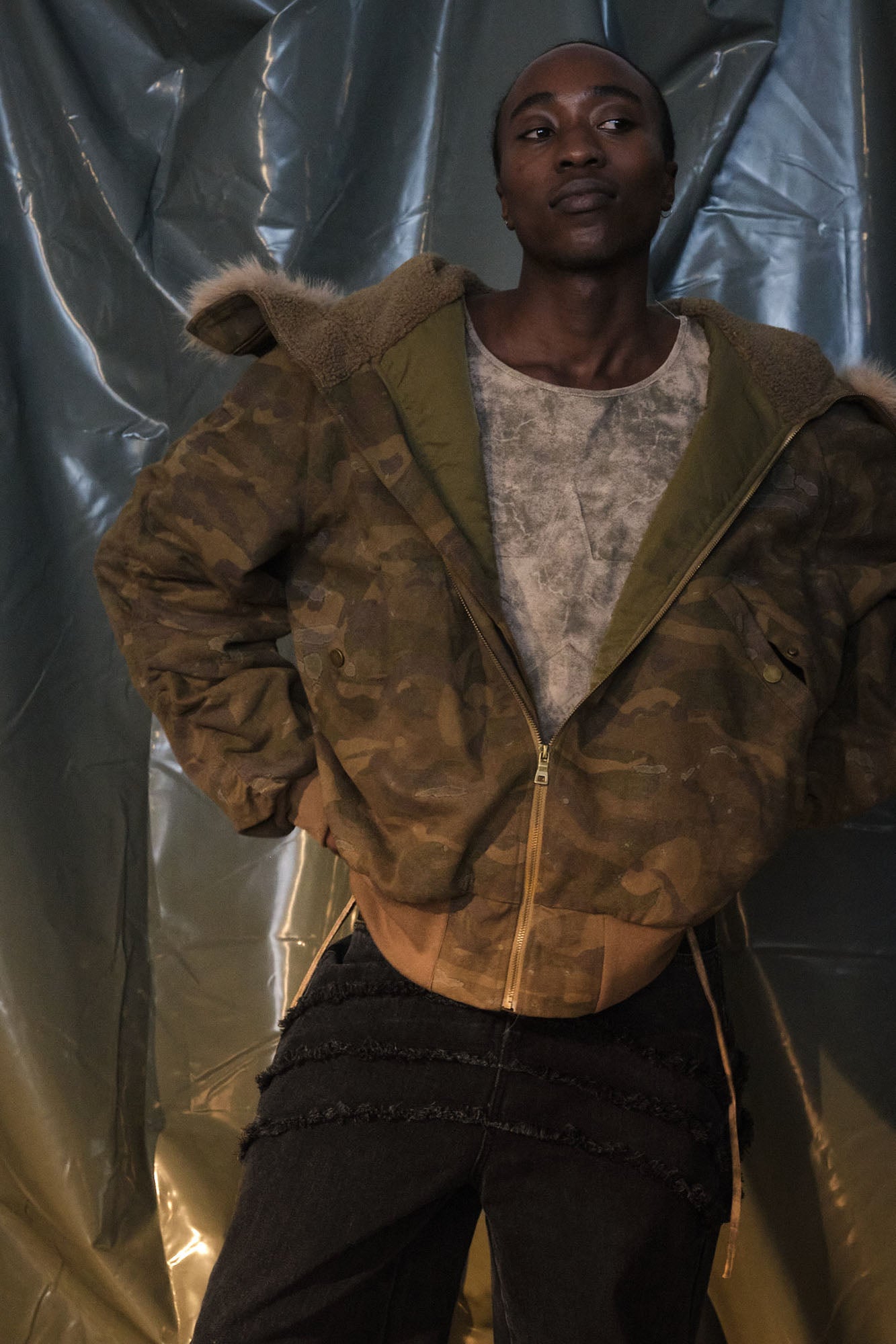 RECOVER ZONE Camo Faux-Fur Collar Bomber Jacket