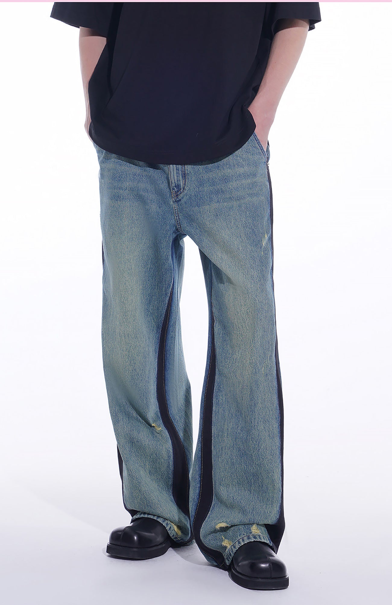 TIWILLTANG Distressed Contrast Paneled Wide-Leg Jeans, premium urban and streetwear designers apparel on PROJECTISR.com, TIWILLTANG