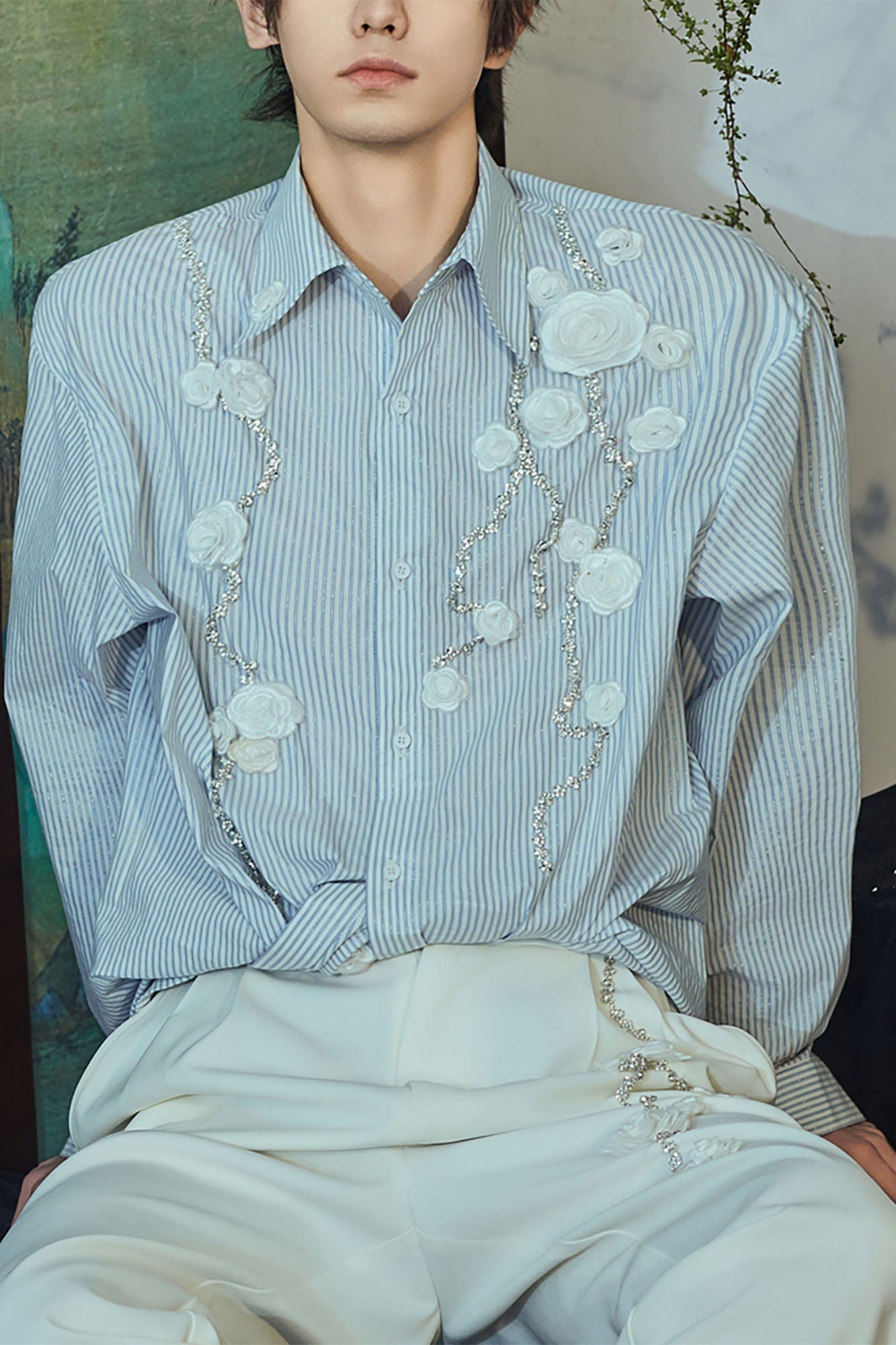 JIECHI Vine Rose Embroidered Striped Shirt, premium urban and streetwear designers apparel on PROJECTISR.com, JIECHI