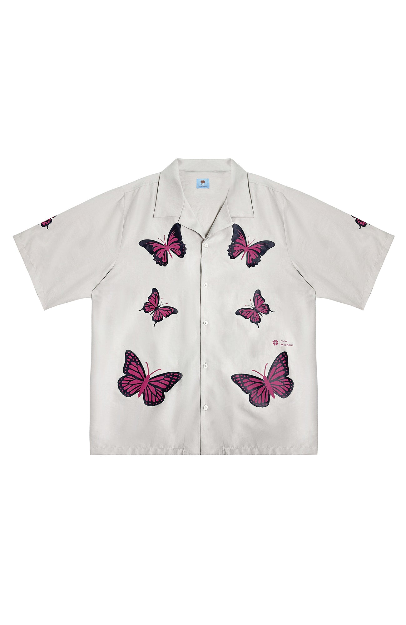 MIICHOUS Butterfly Graphic Satin Half Shirt, premium urban and streetwear designers apparel on PROJECTISR.com, MIICHOUS