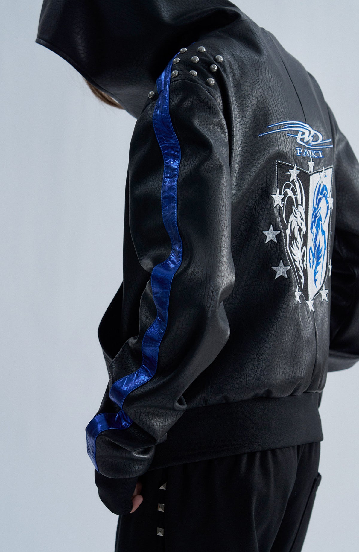 PAIKI Embroidered Studded Zip-Up Hooded Faux Leather Jacket