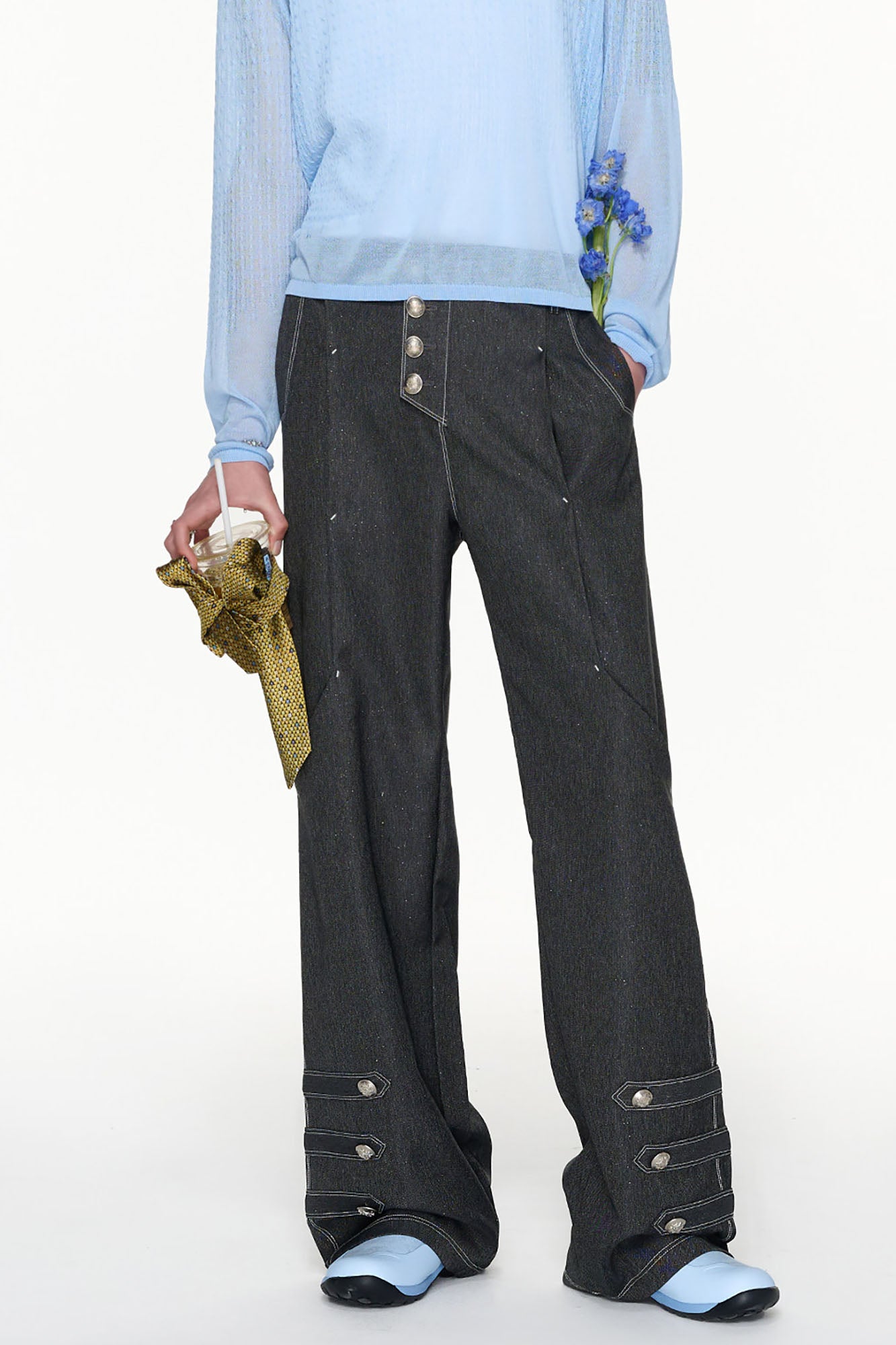 TIWILLTANG Asymmetrical Placket Stitched Wide-Leg Jeans, premium urban and streetwear designers apparel on PROJECTISR.com, TIWILLTANG
