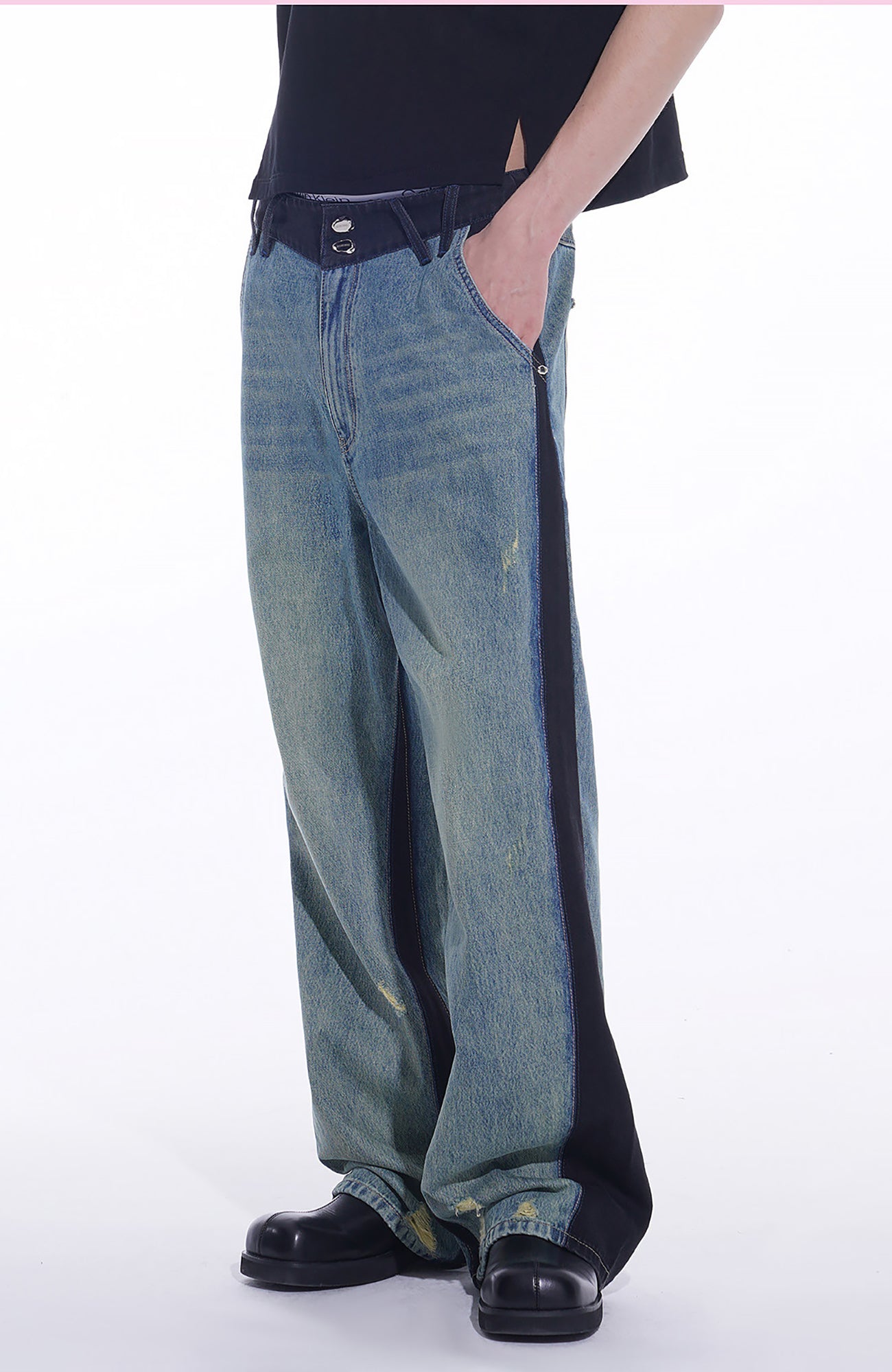 TIWILLTANG Distressed Contrast Paneled Wide-Leg Jeans, premium urban and streetwear designers apparel on PROJECTISR.com, TIWILLTANG
