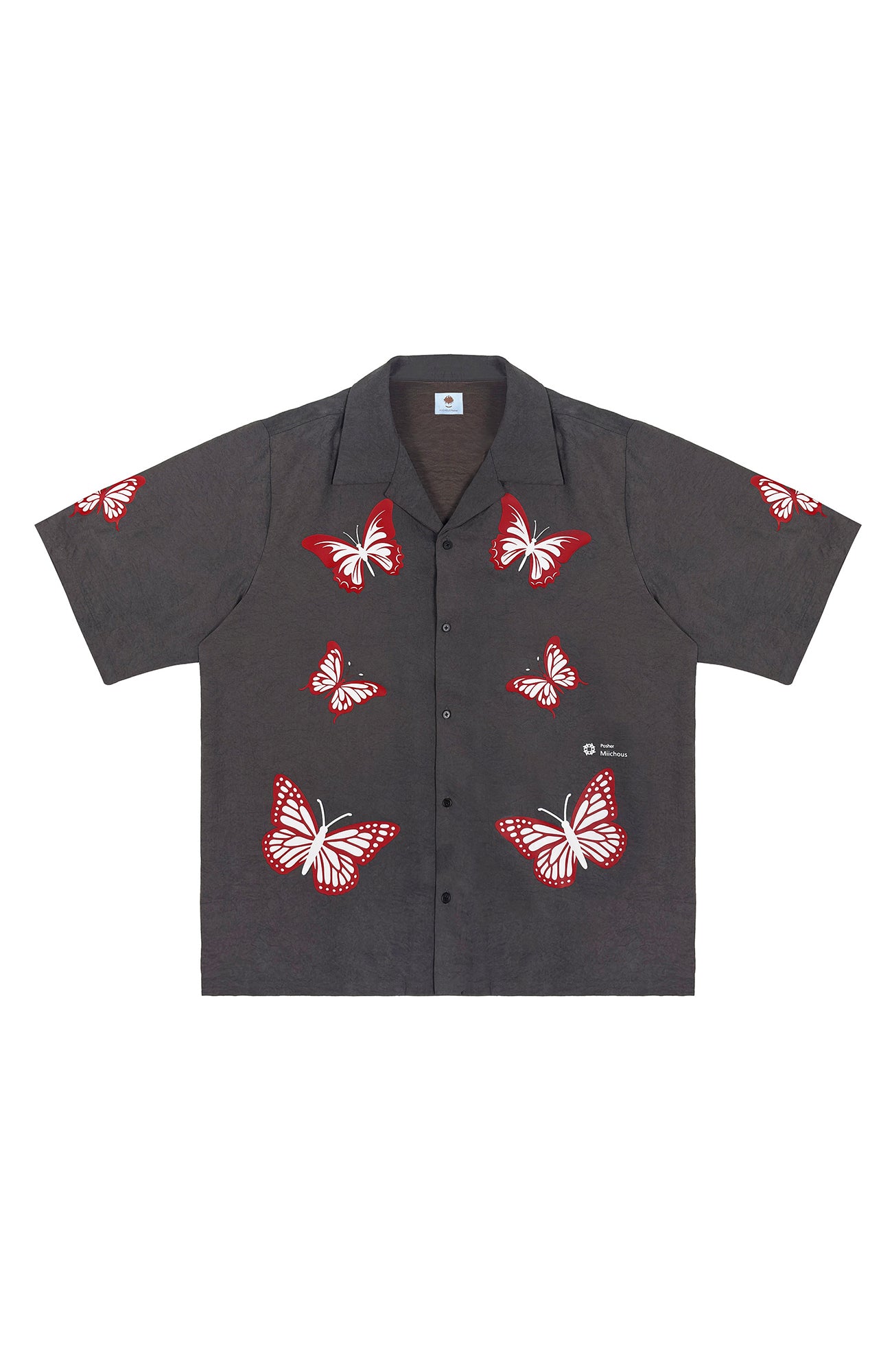 MIICHOUS Butterfly Graphic Satin Half Shirt, premium urban and streetwear designers apparel on PROJECTISR.com, MIICHOUS