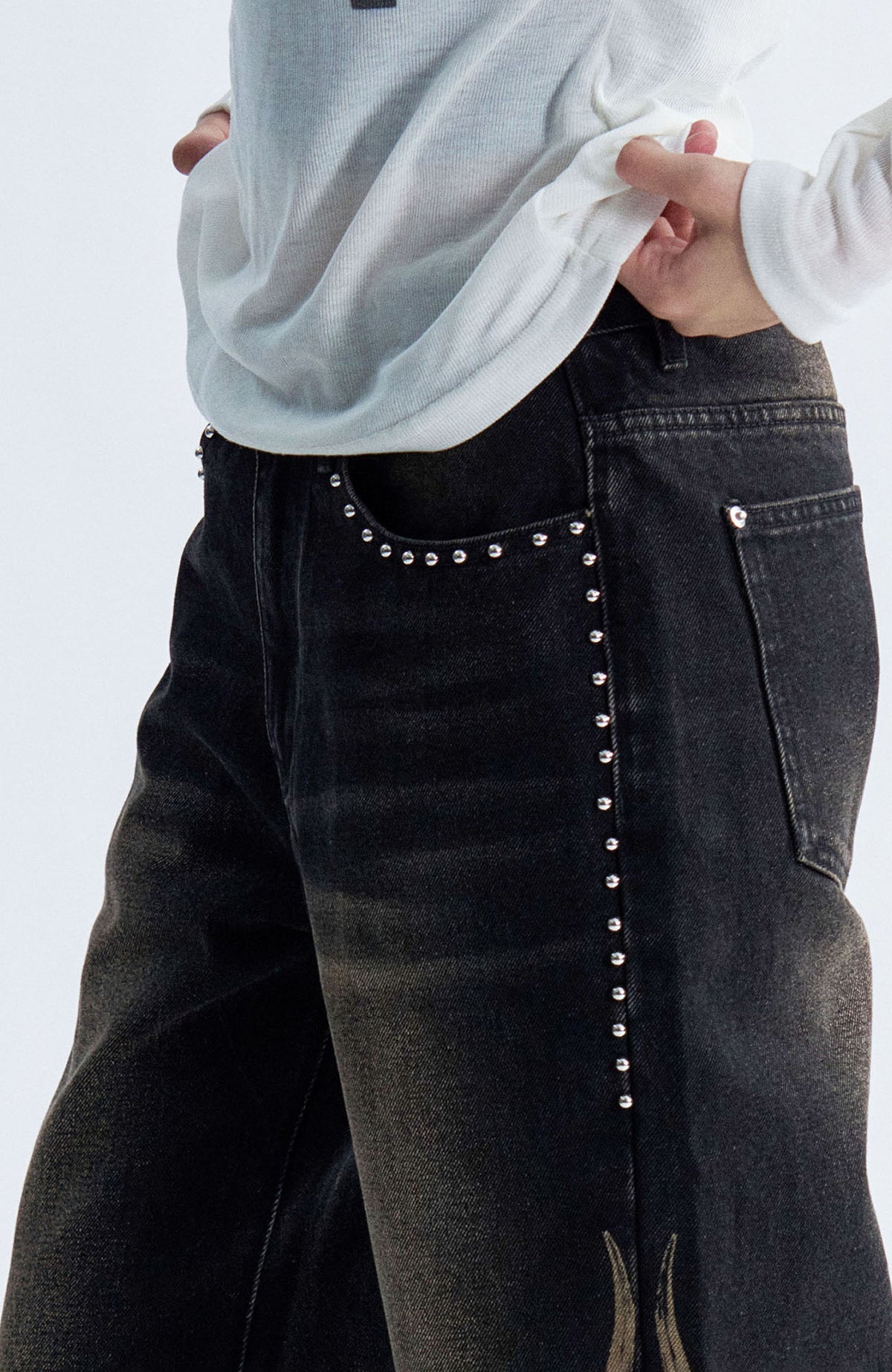 PAIKI Flame Totem Rivet Washed Straight-Leg Jeans