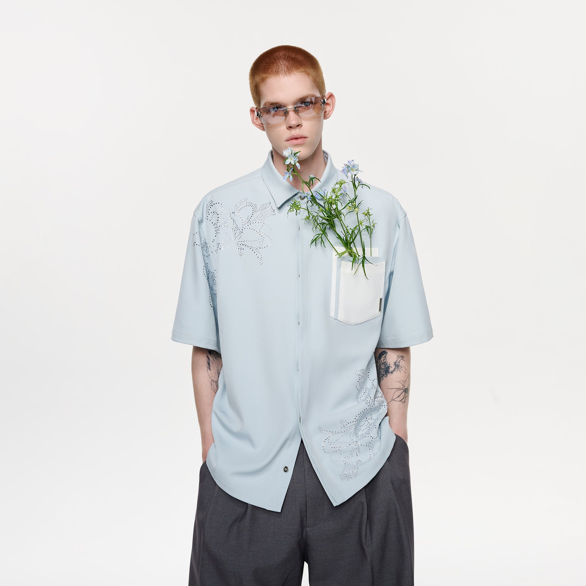 TIWILLTANG Floral Diamond Layered Pocket Half Shirt