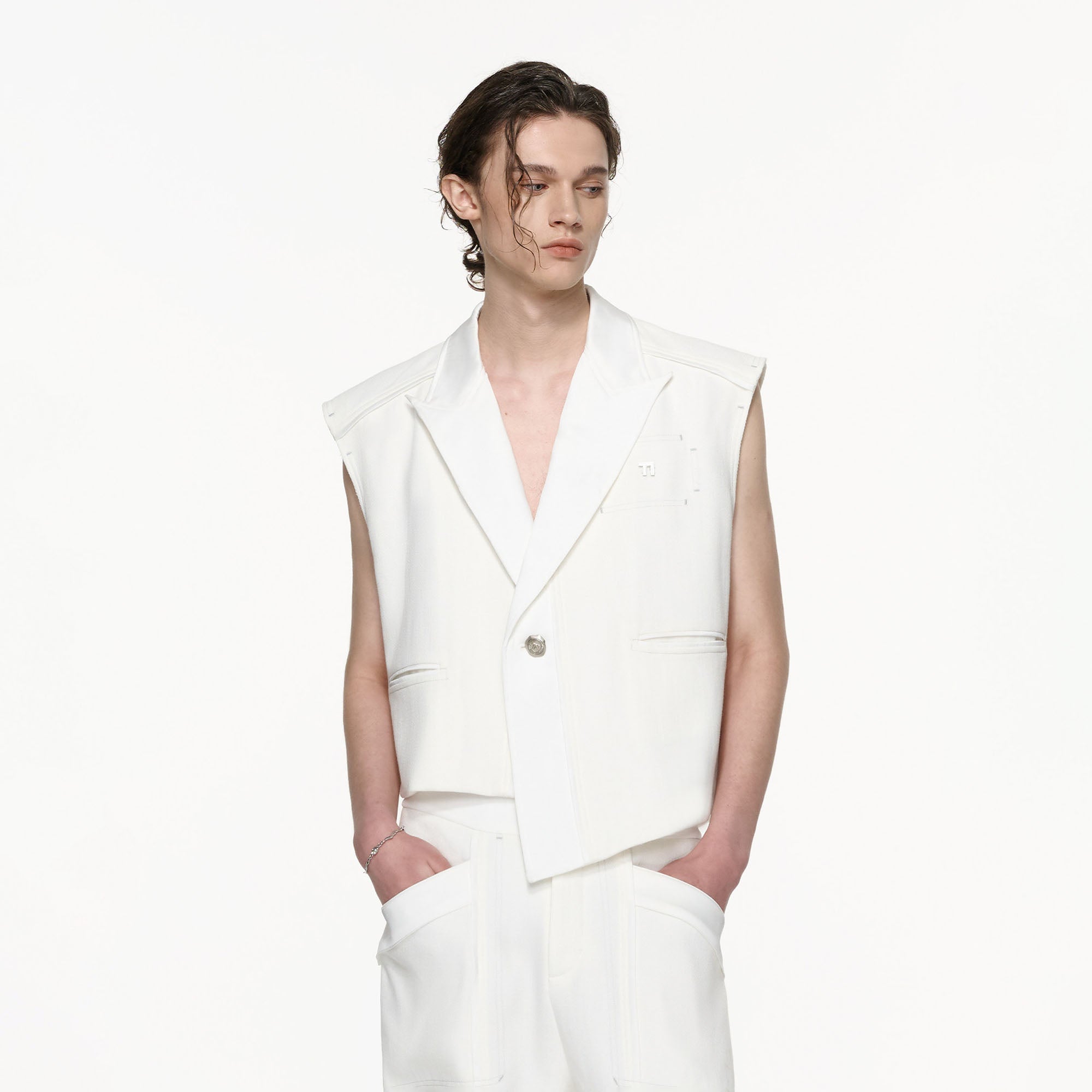 TIWILLTANG Asymmetrical Lapel Vest White, premium urban and streetwear designers apparel on PROJECTISR.com, TIWILLTANG