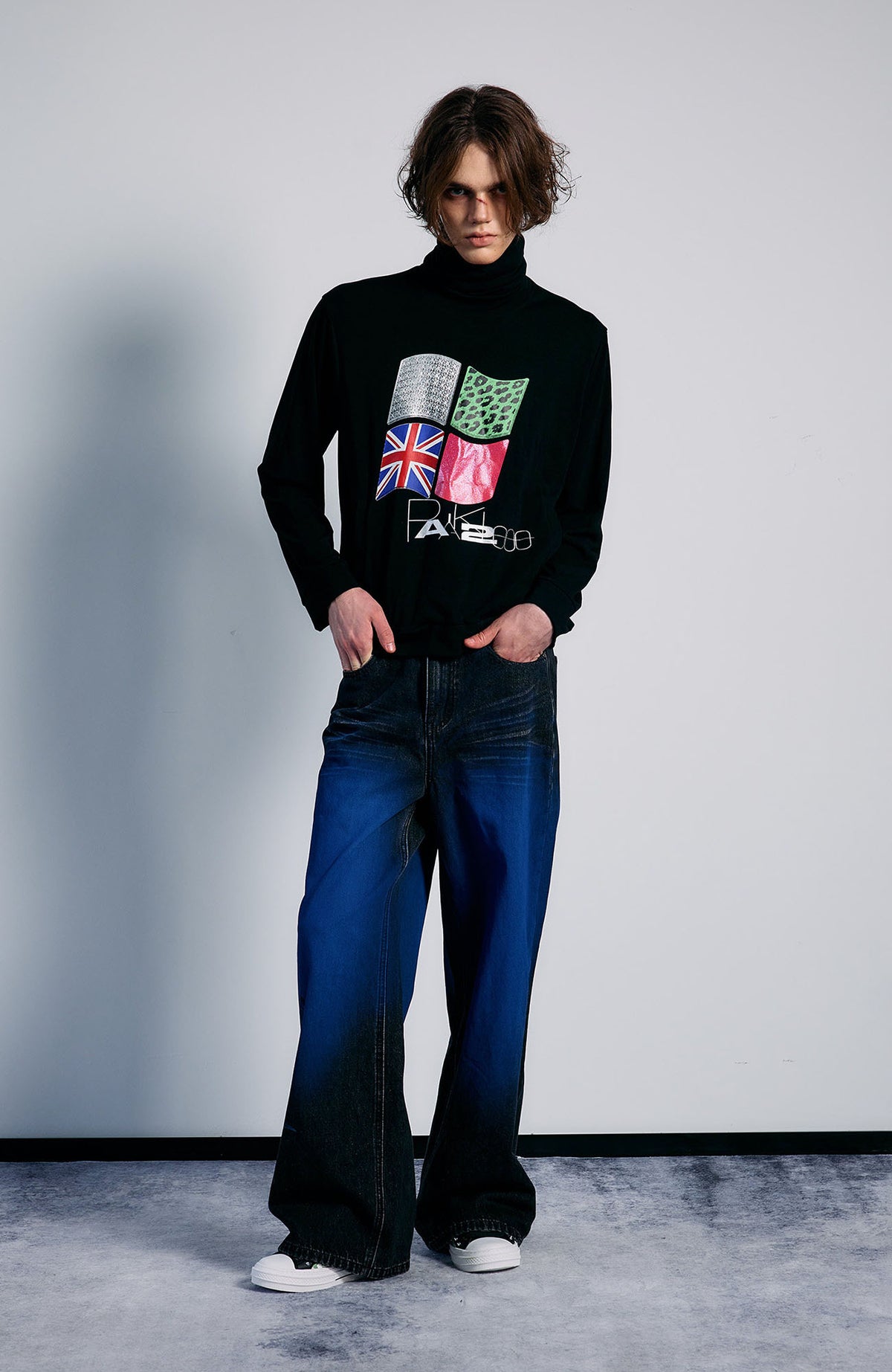 PAIKI Washed Flame Totem Baggy Straight-Leg Jeans
