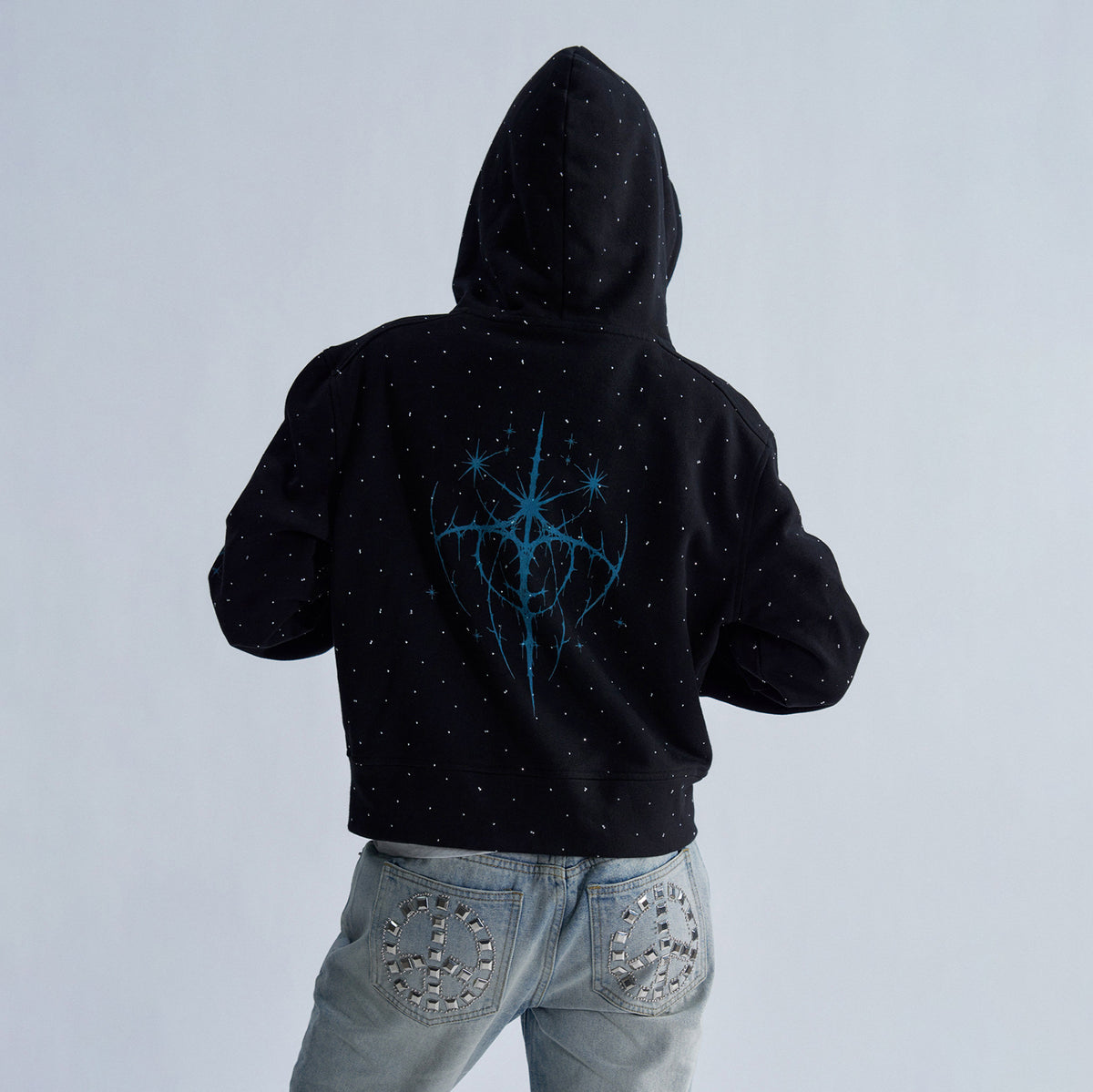 PAIKI Studded Rhinestone Zip-Up Hoodie