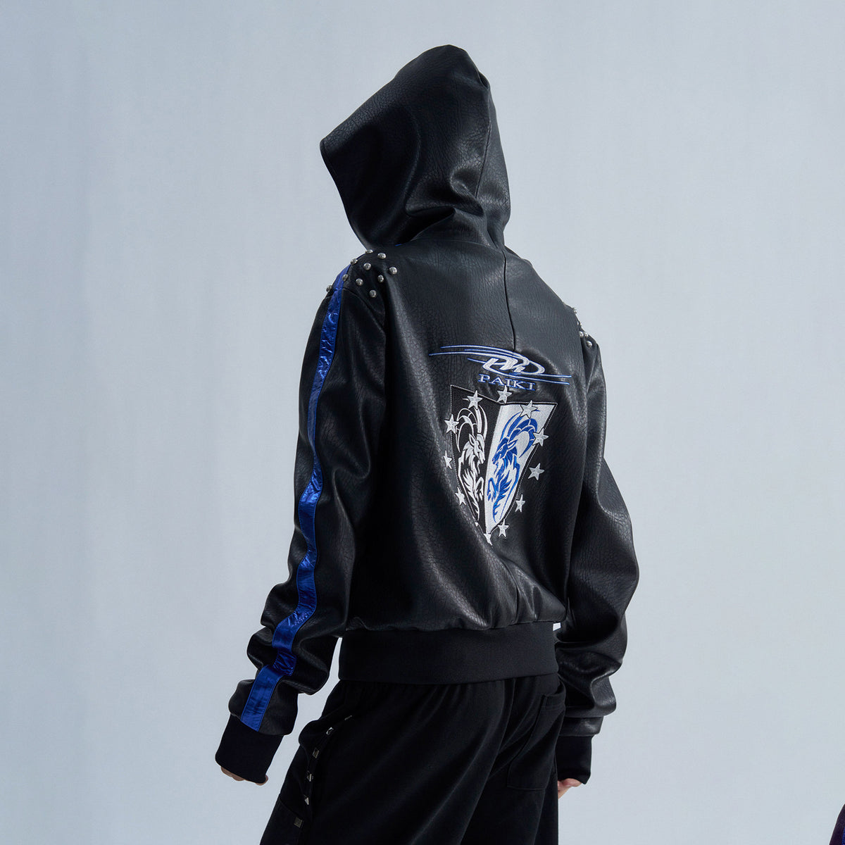 PAIKI Embroidered Studded Zip-Up Hooded Faux Leather Jacket