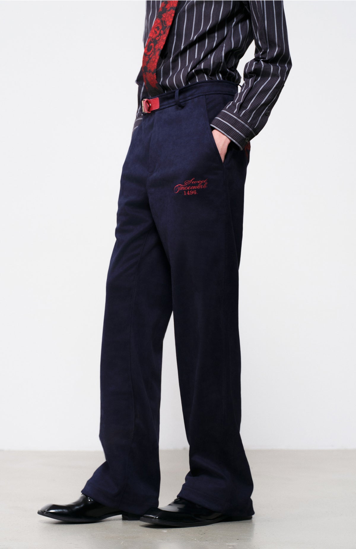 FACEONLAB Embroidered Straight-Leg Faux Leather Pants