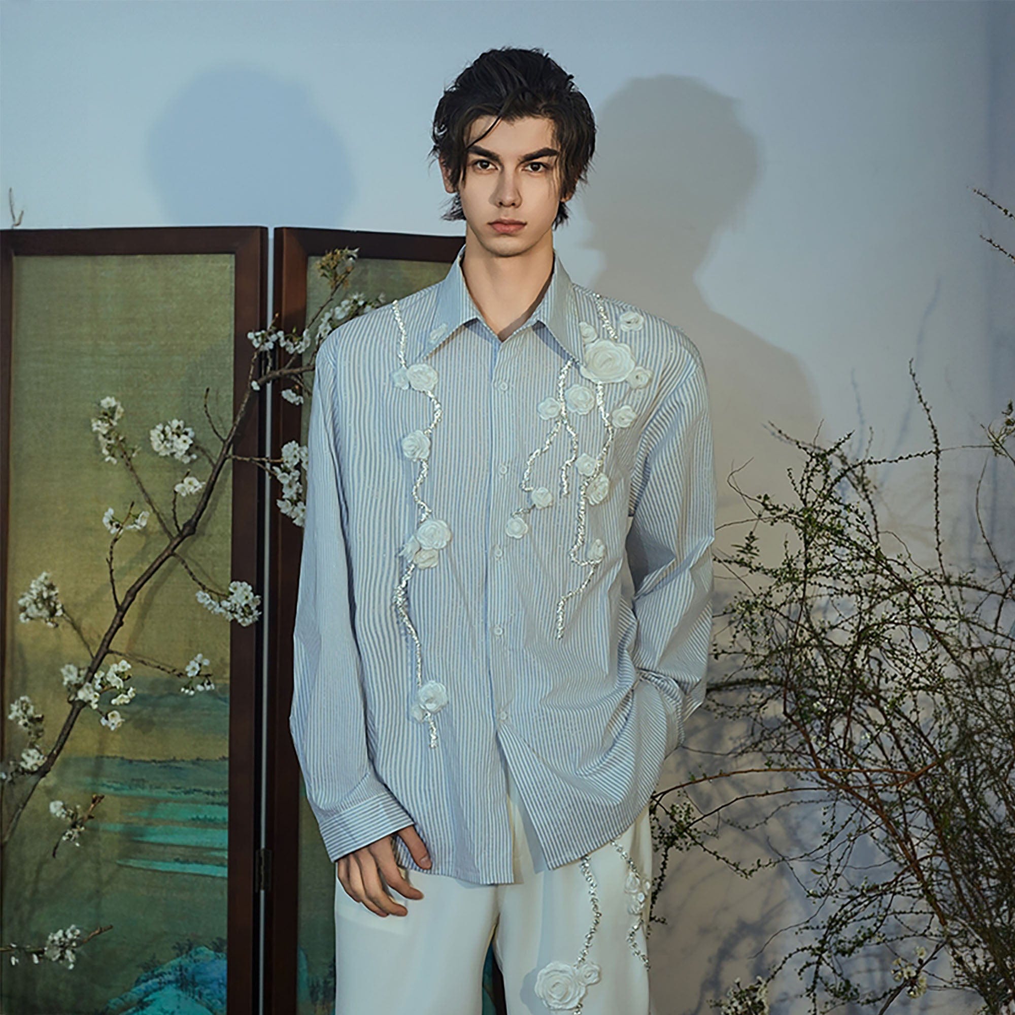 JIECHI Vine Rose Embroidered Striped Shirt, premium urban and streetwear designers apparel on PROJECTISR.com, JIECHI