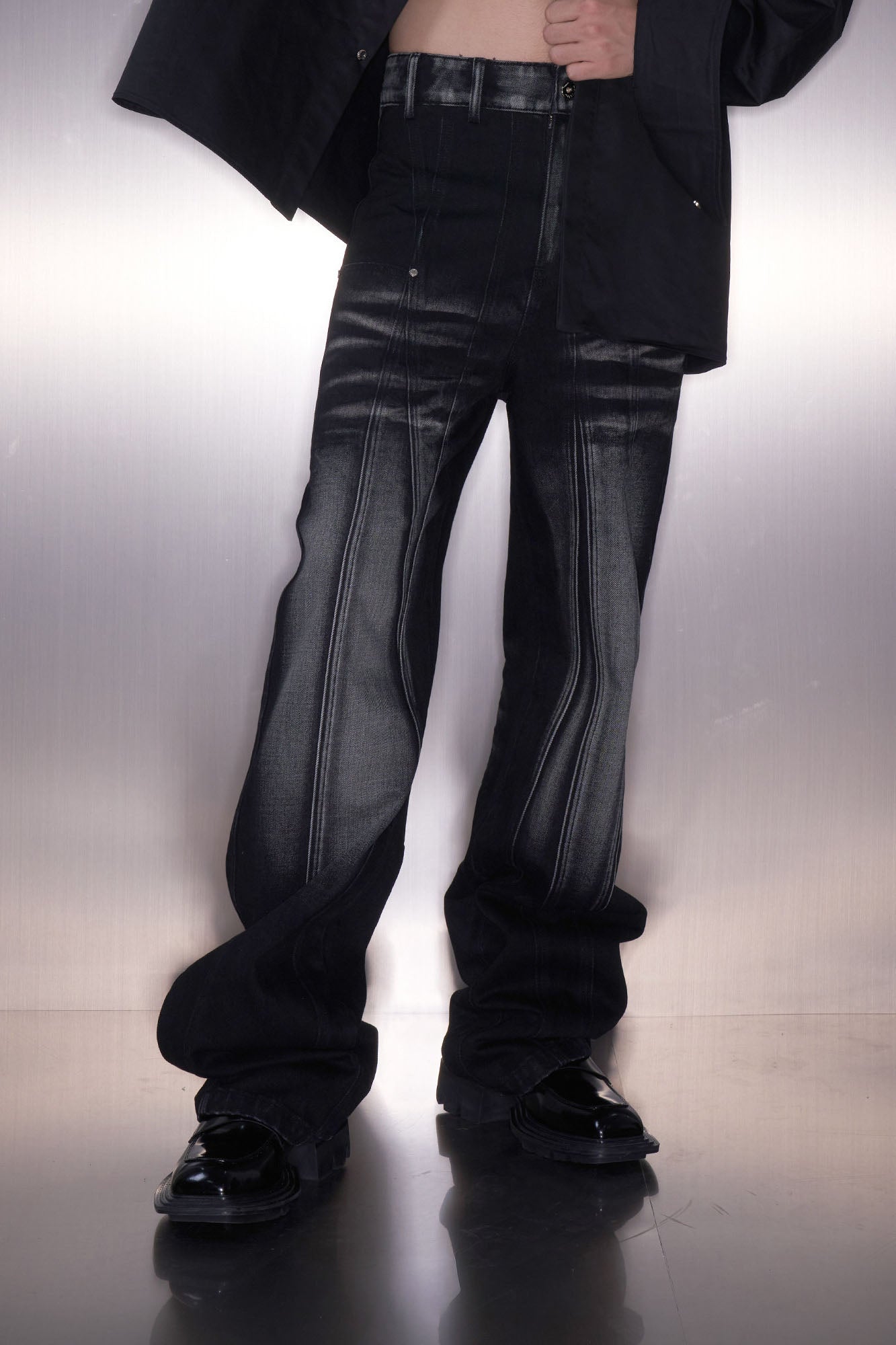 TIWILLTANG Whiskering Washed Panel Straight-Leg Jeans, premium urban and streetwear designers apparel on PROJECTISR.com, TIWILLTANG