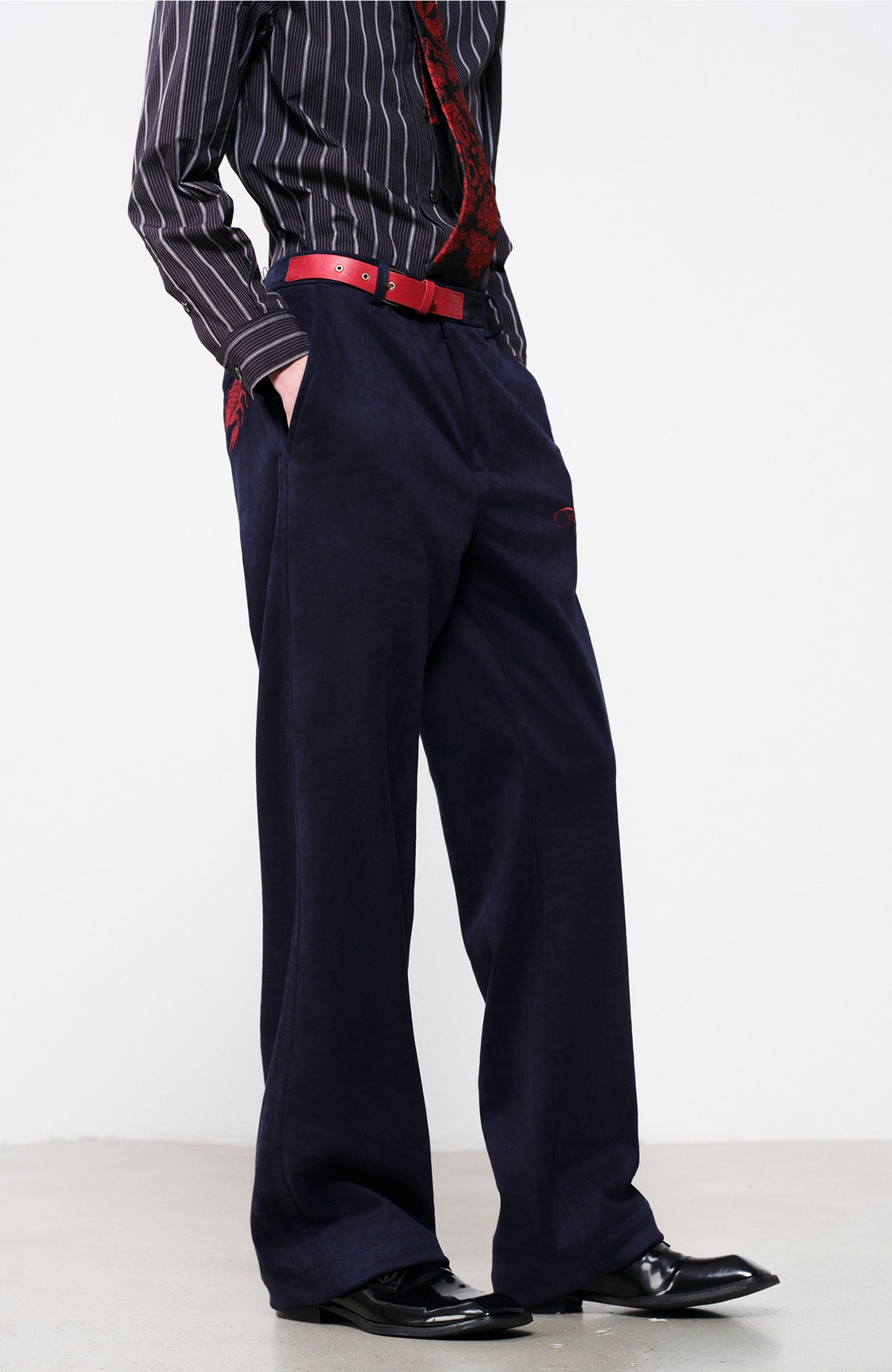 FACEONLAB Embroidered Straight-Leg Faux Leather Pants